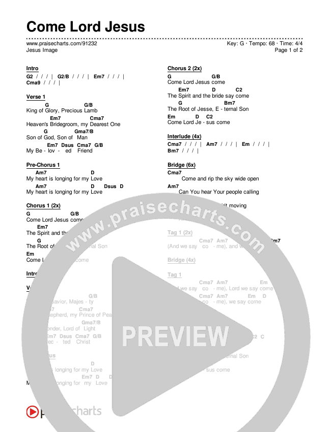Come Lord Jesus Chords & Lyrics (Jesus Image)