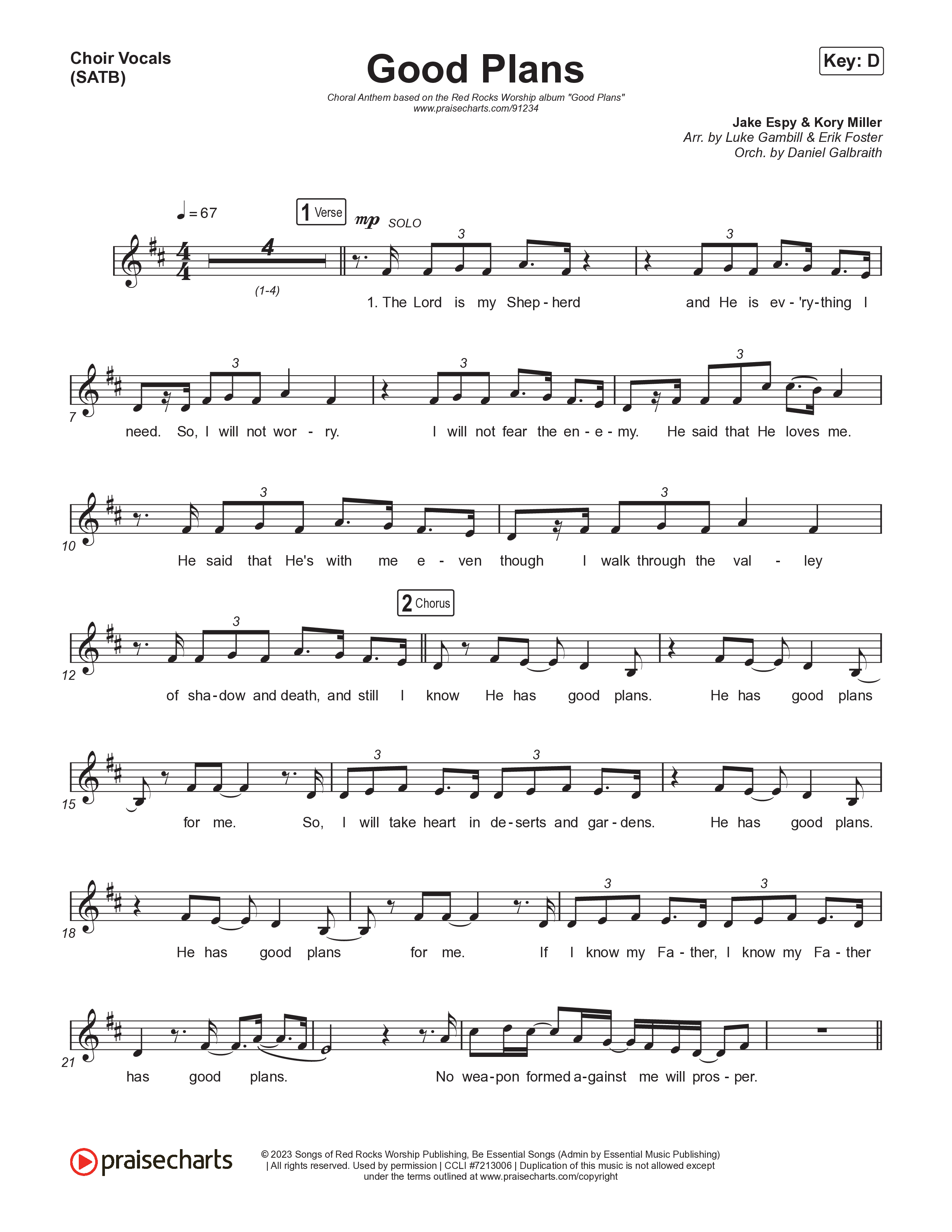 Good Plans (Choral Anthem SATB) Choir Sheet (SATB) (Red Rocks Worship / Arr. Luke Gambill)