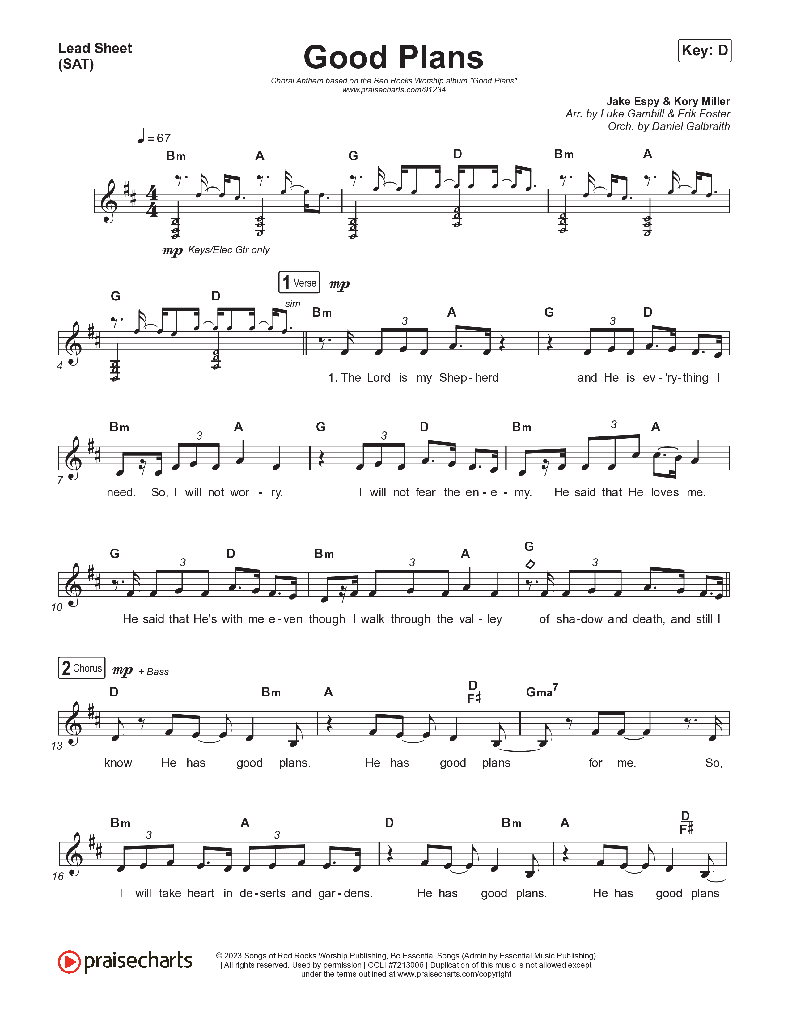 Good Plans (Choral Anthem SATB) Lead Sheet (SAT) (Red Rocks Worship / Arr. Luke Gambill)