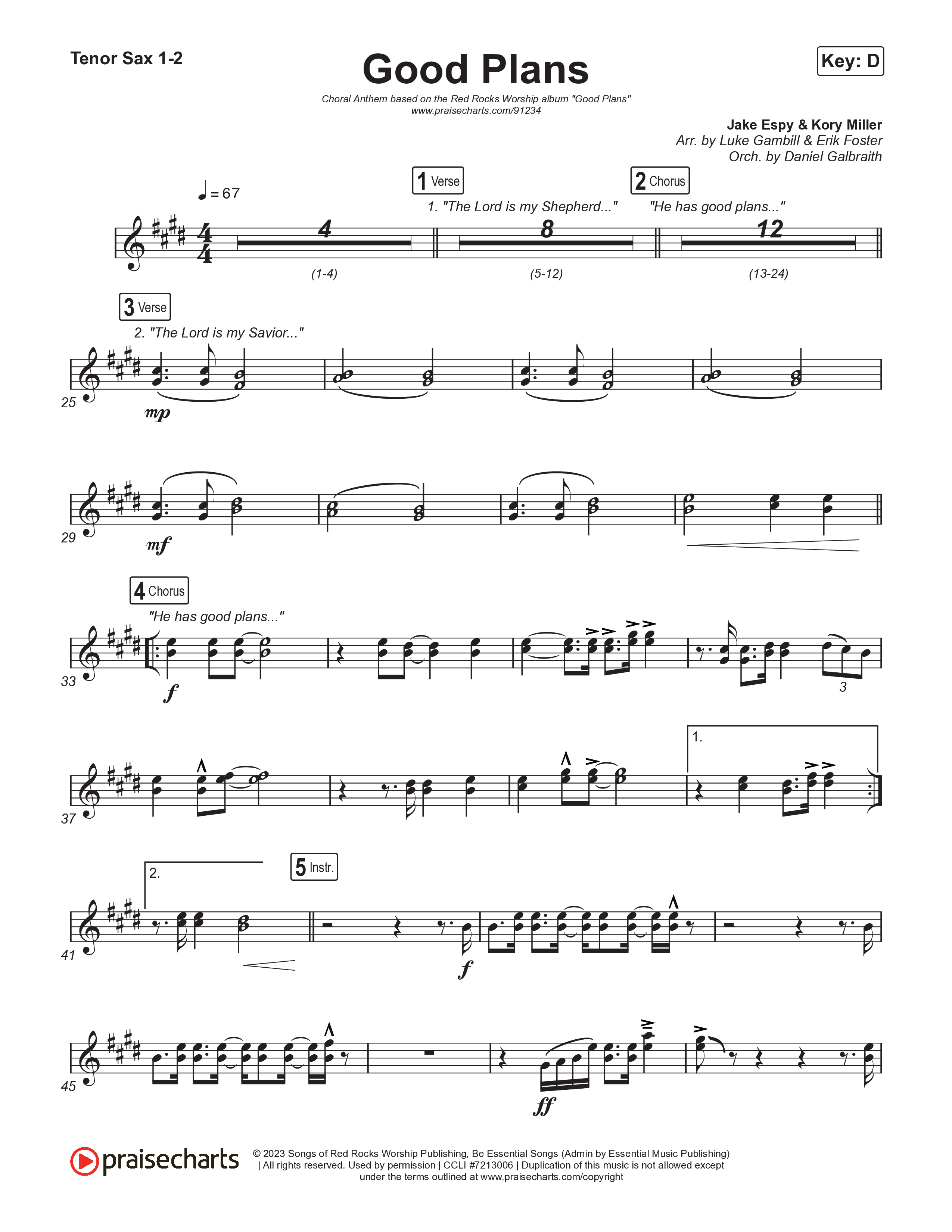 Good Plans (Choral Anthem SATB) Tenor Sax 1,2 (Red Rocks Worship / Arr. Luke Gambill)