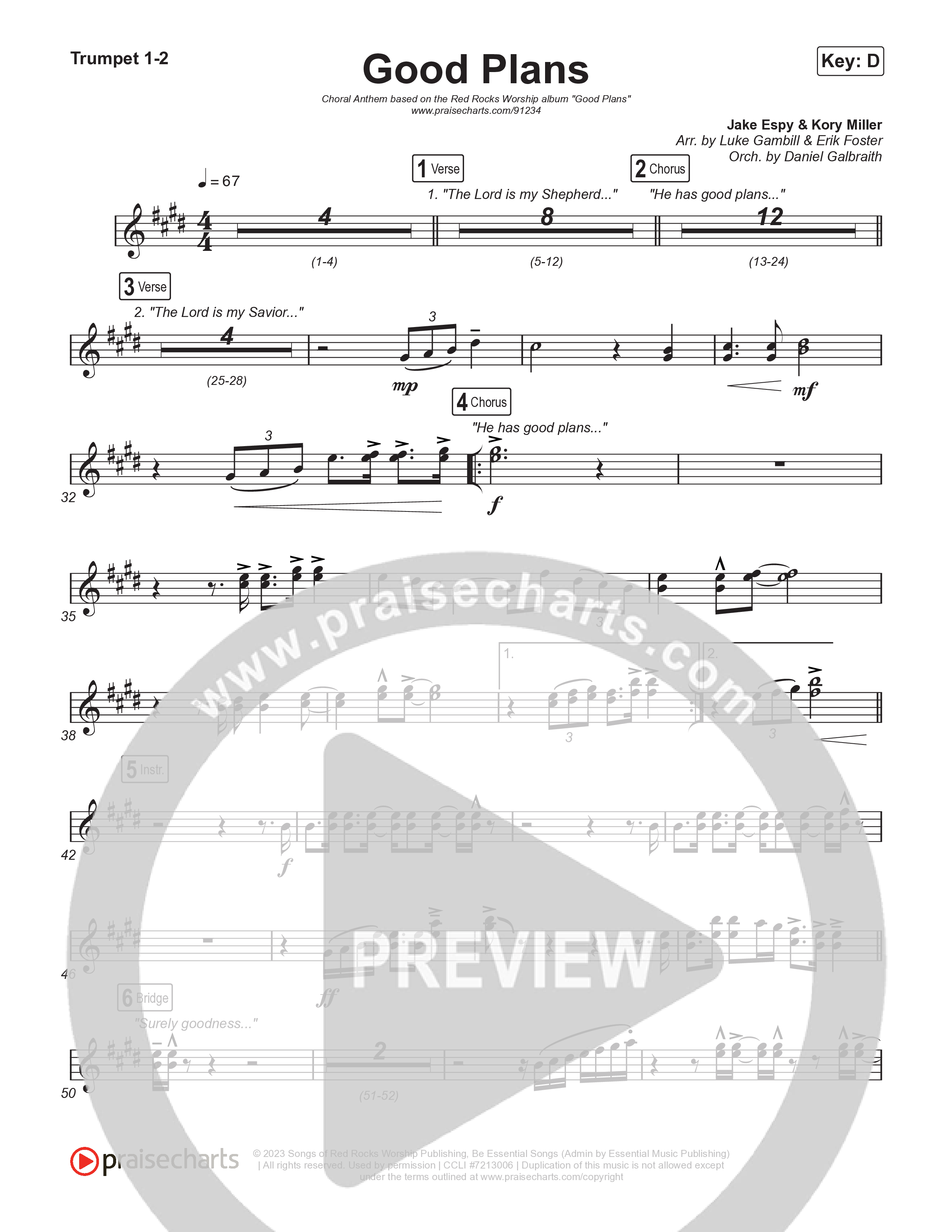 Good Plans (Choral Anthem SATB) Trumpet 1,2 (Red Rocks Worship / Arr. Luke Gambill)