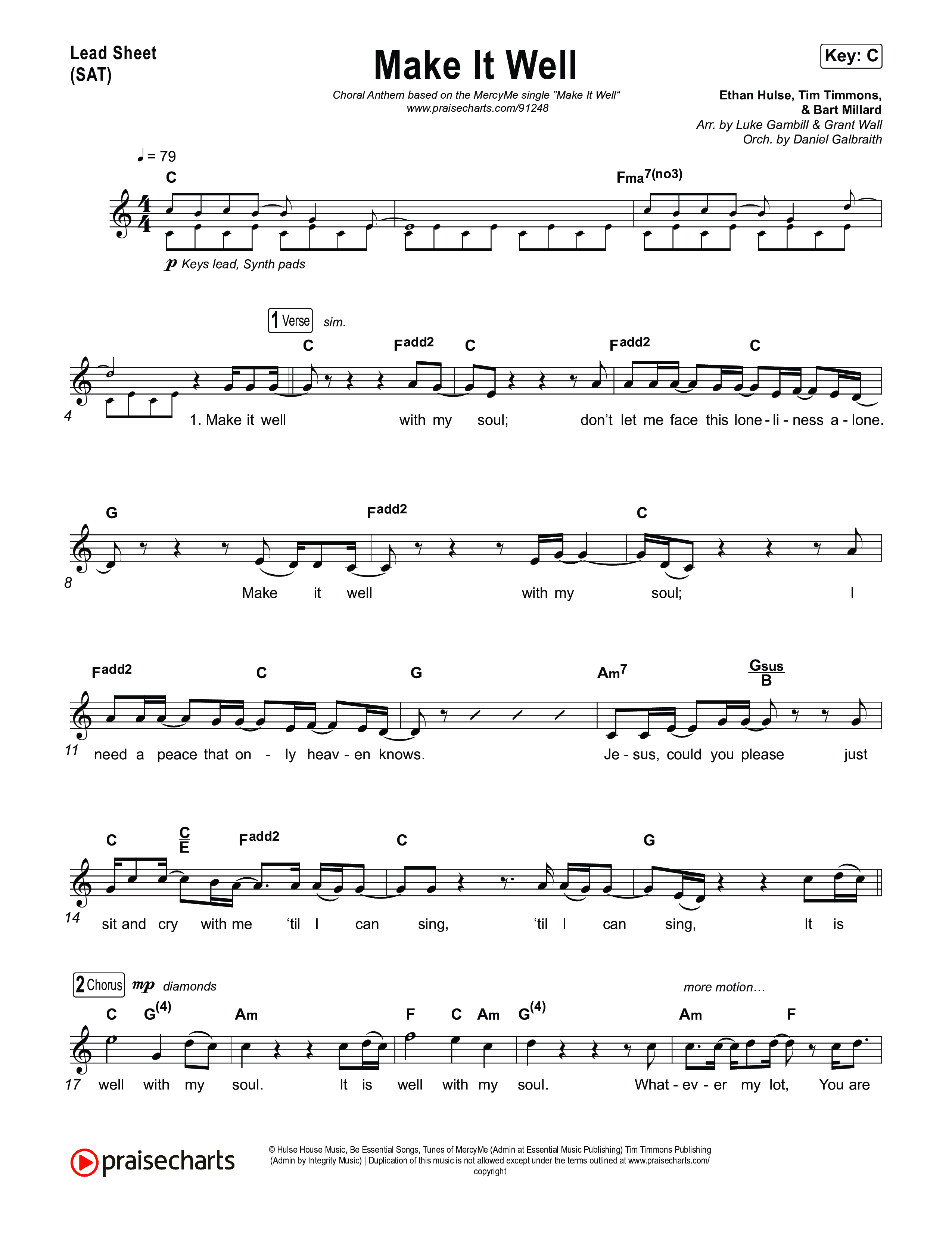 Make It Well (Choral Anthem SATB) Lead Sheet (SAT) (MercyMe / Arr. Luke Gambill)