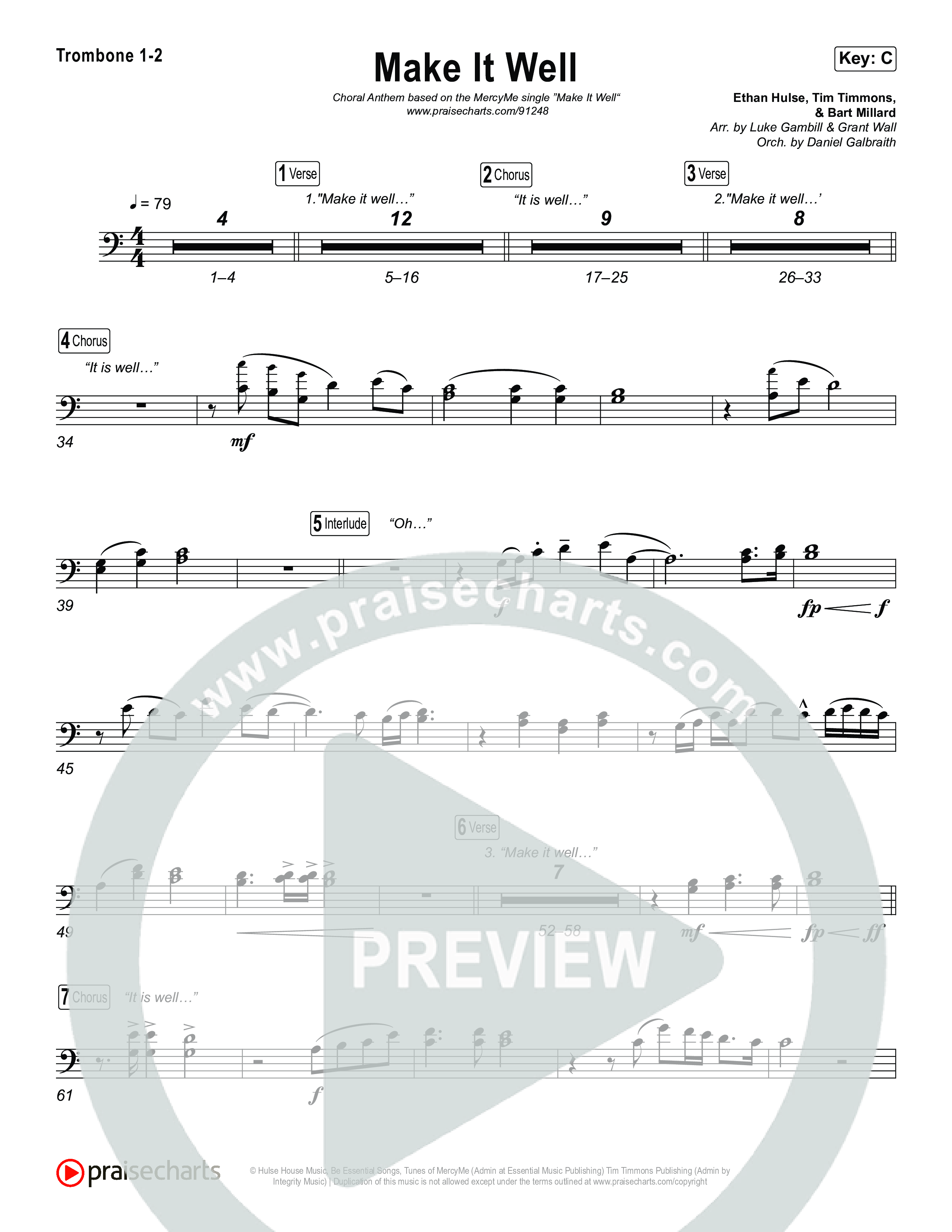 Make It Well (Choral Anthem SATB) Trombone 1/2 (MercyMe / Arr. Luke Gambill)