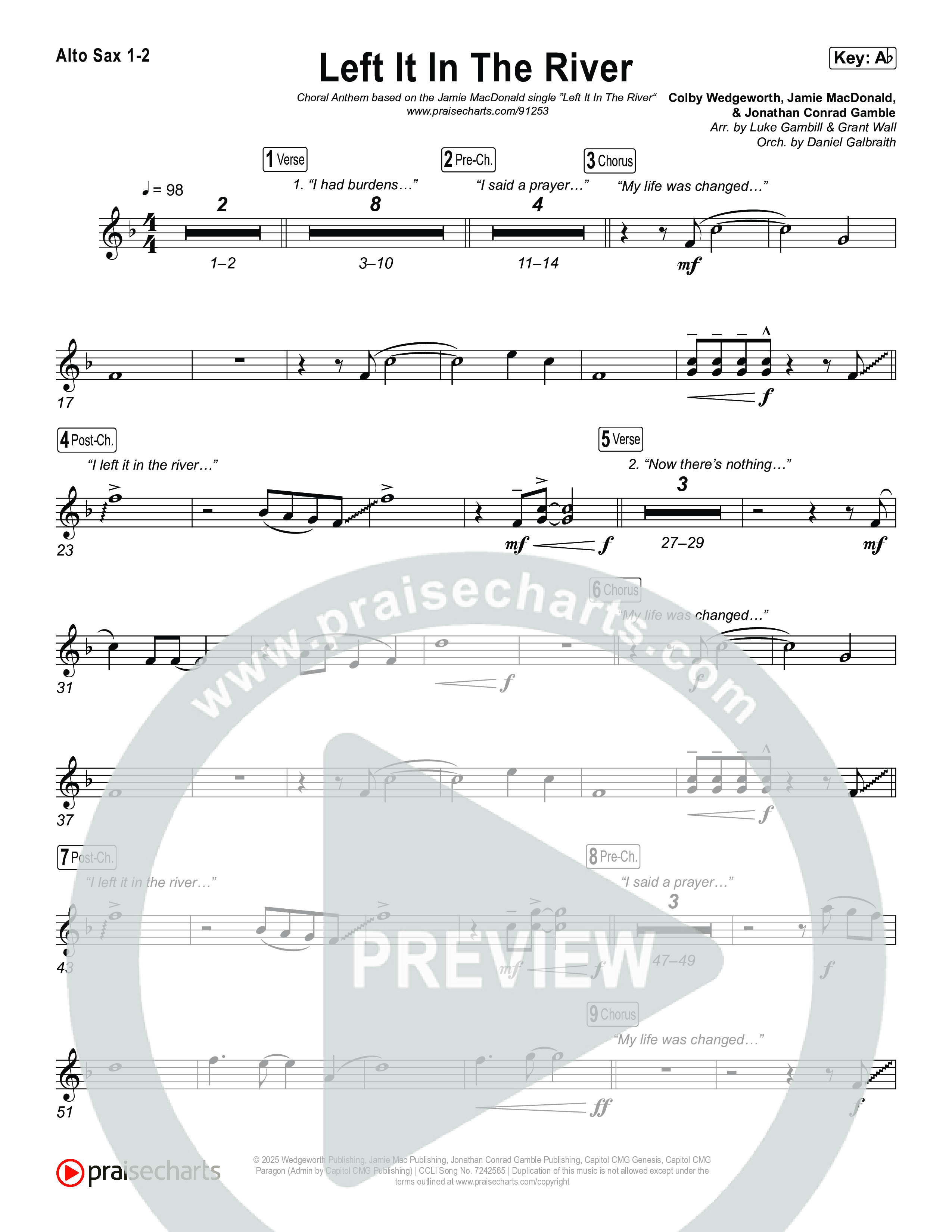 Left It In The River (Choral Anthem SATB) Alto Sax 1,2 (Jamie MacDonald / Arr. Luke Gambill)