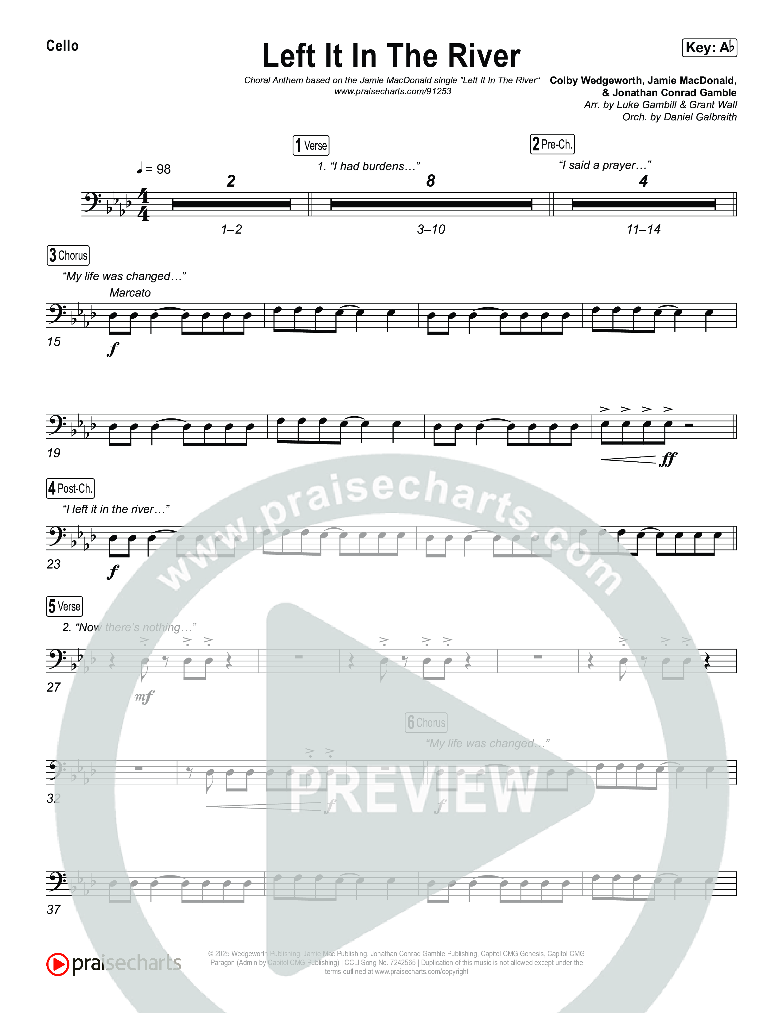 Left It In The River (Choral Anthem SATB) Cello (Jamie MacDonald / Arr. Luke Gambill)