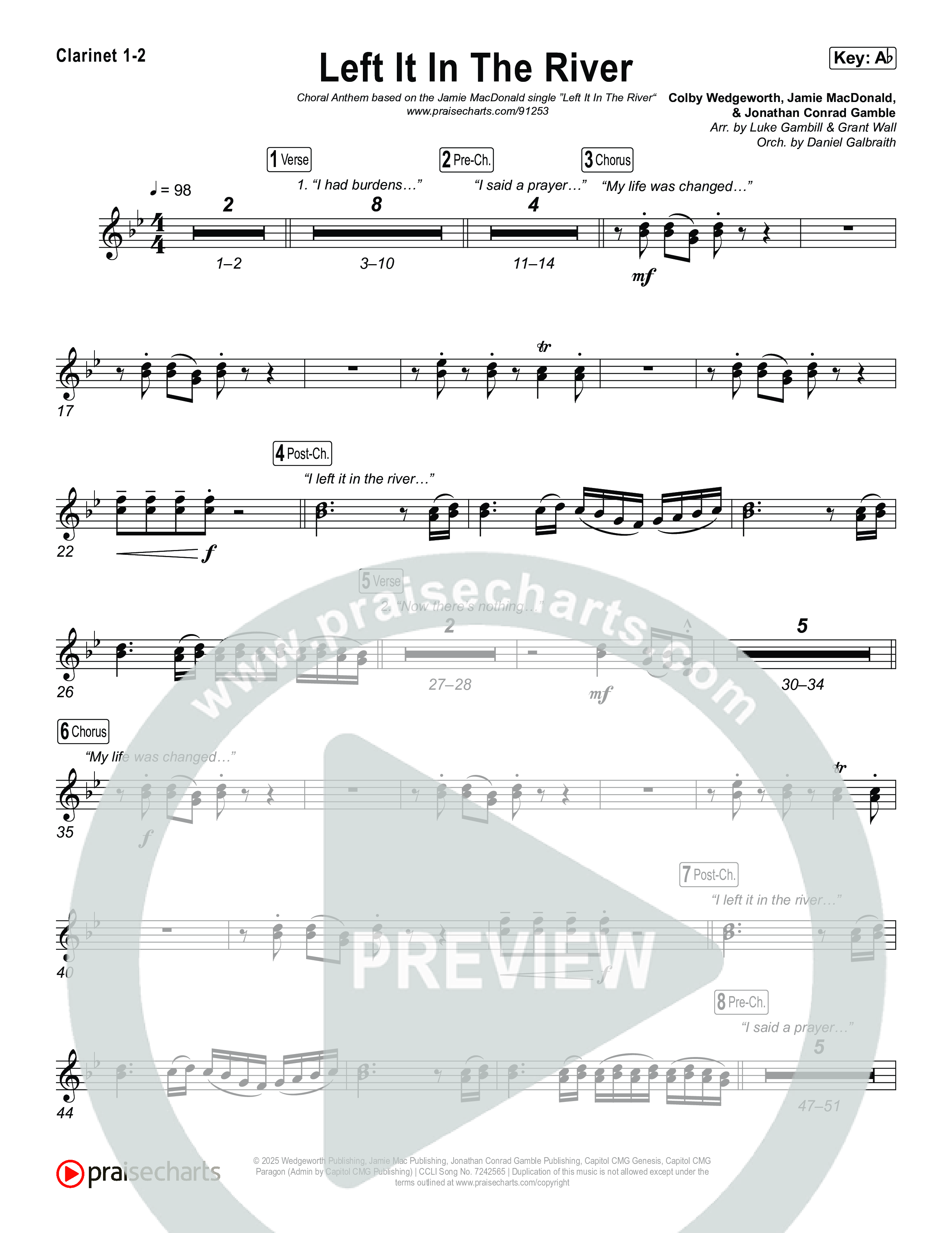 Left It In The River (Choral Anthem SATB) Clarinet 1/2 (Jamie MacDonald / Arr. Luke Gambill)