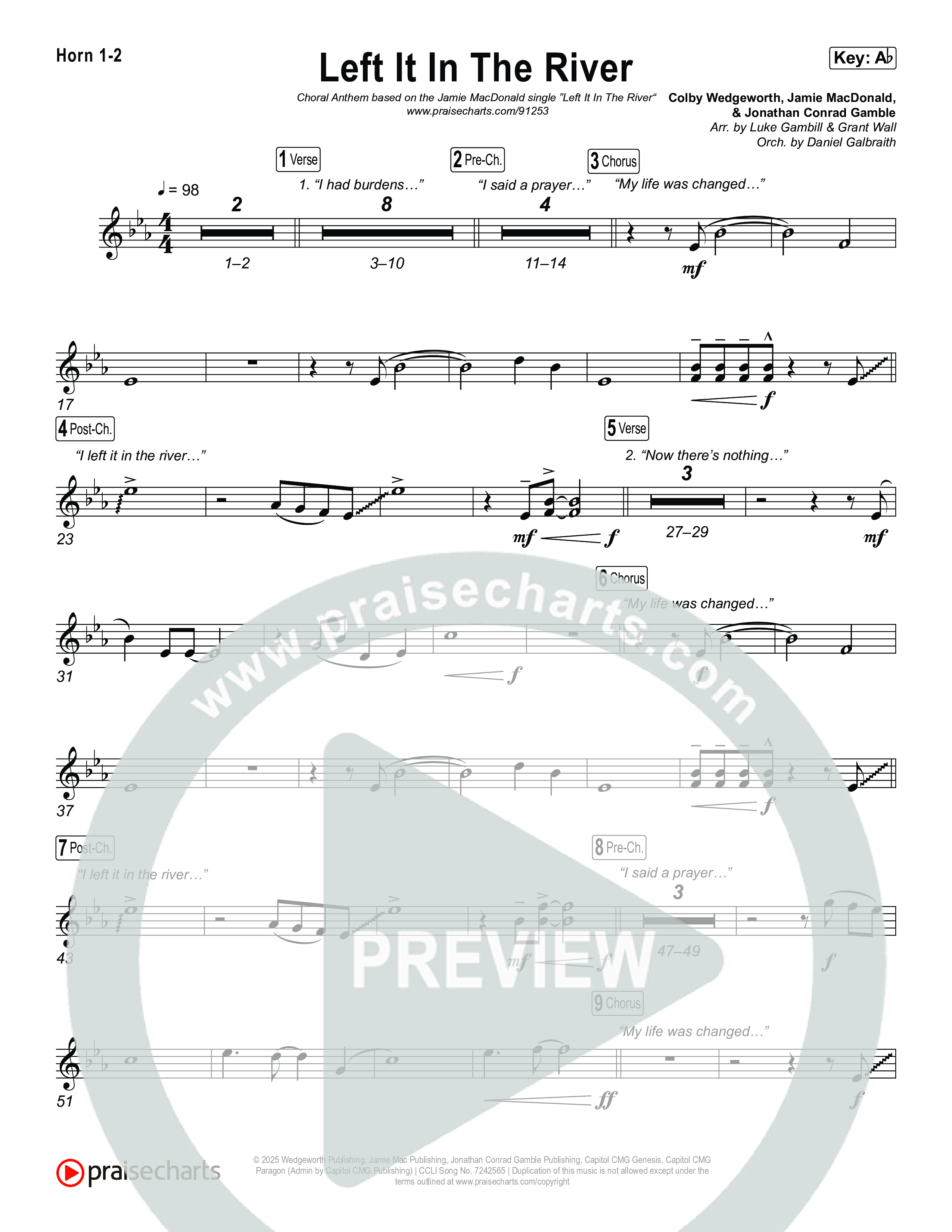 Left It In The River (Choral Anthem SATB) French Horn 1,2 (Jamie MacDonald / Arr. Luke Gambill)