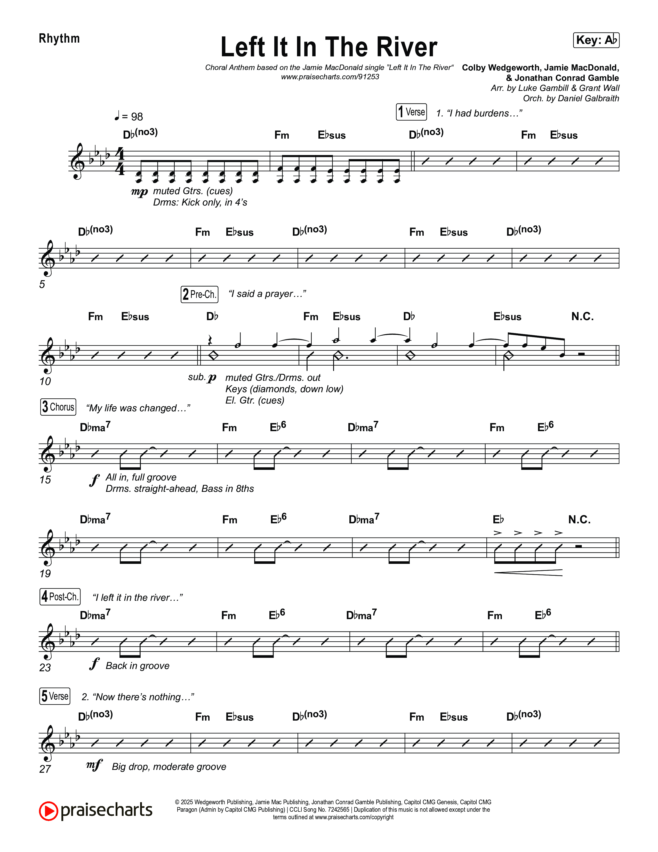 Left It In The River (Choral Anthem SATB) Rhythm Chart (Jamie MacDonald / Arr. Luke Gambill)