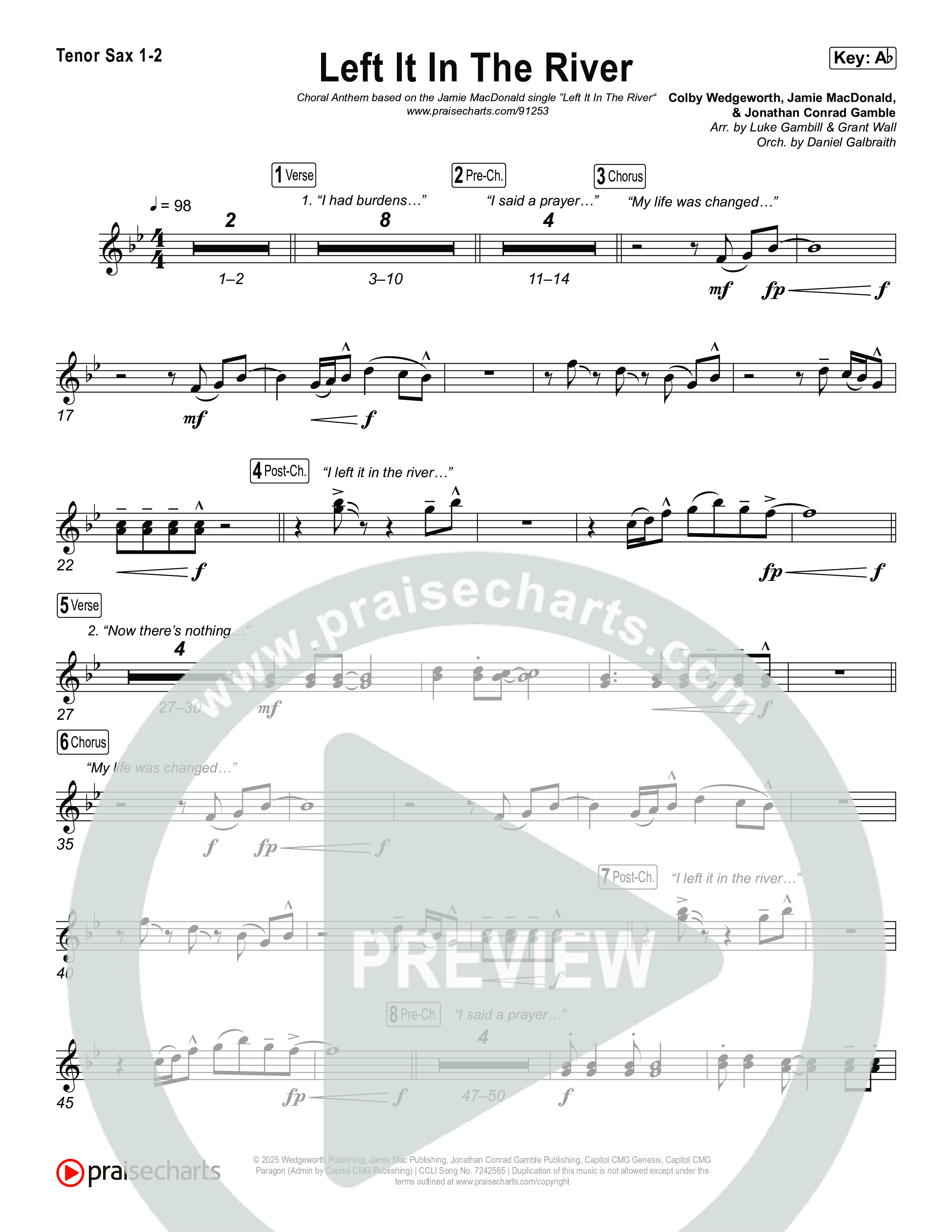 Left It In The River (Choral Anthem SATB) Tenor Sax 1,2 (Jamie MacDonald / Arr. Luke Gambill)