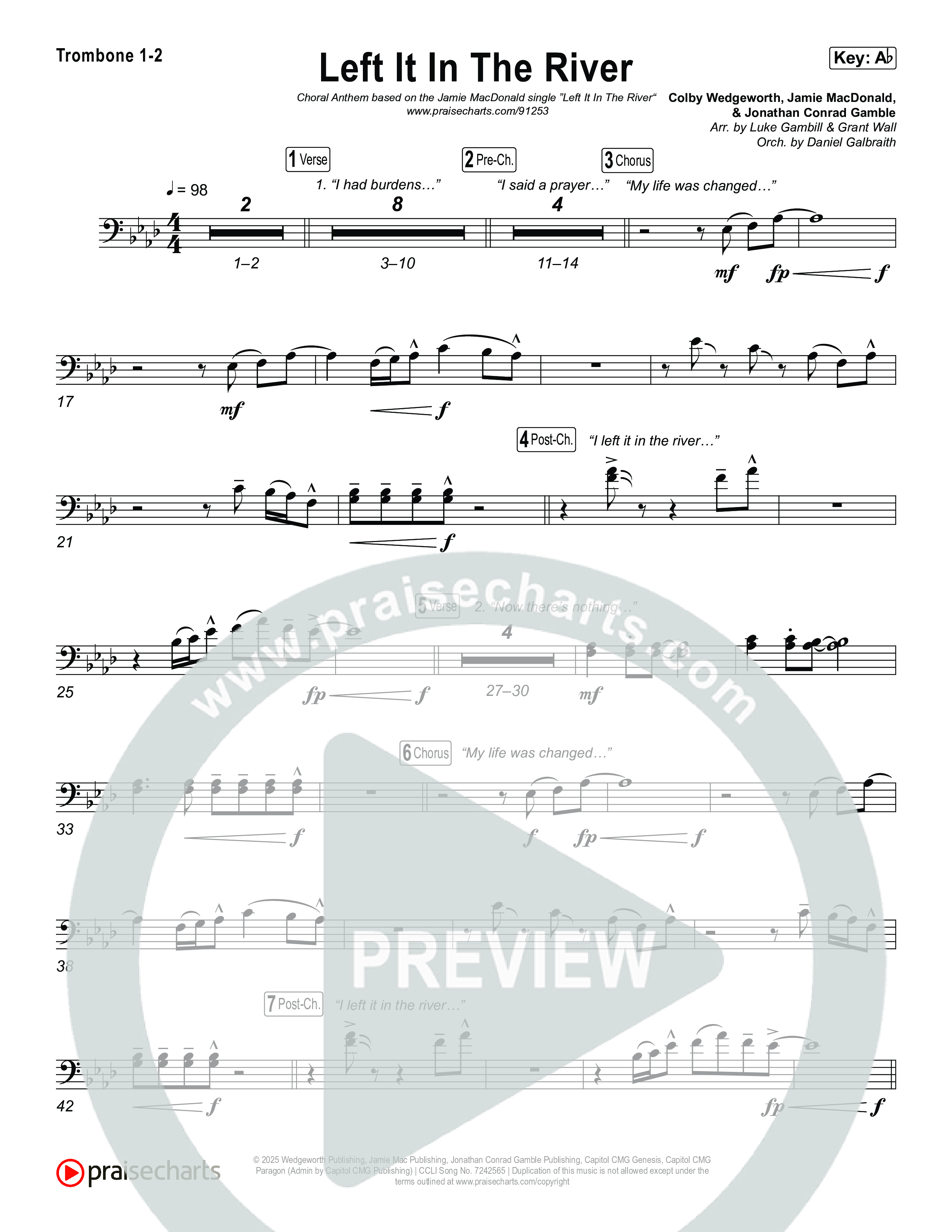 Left It In The River (Choral Anthem SATB) Trombone 1/2 (Jamie MacDonald / Arr. Luke Gambill)