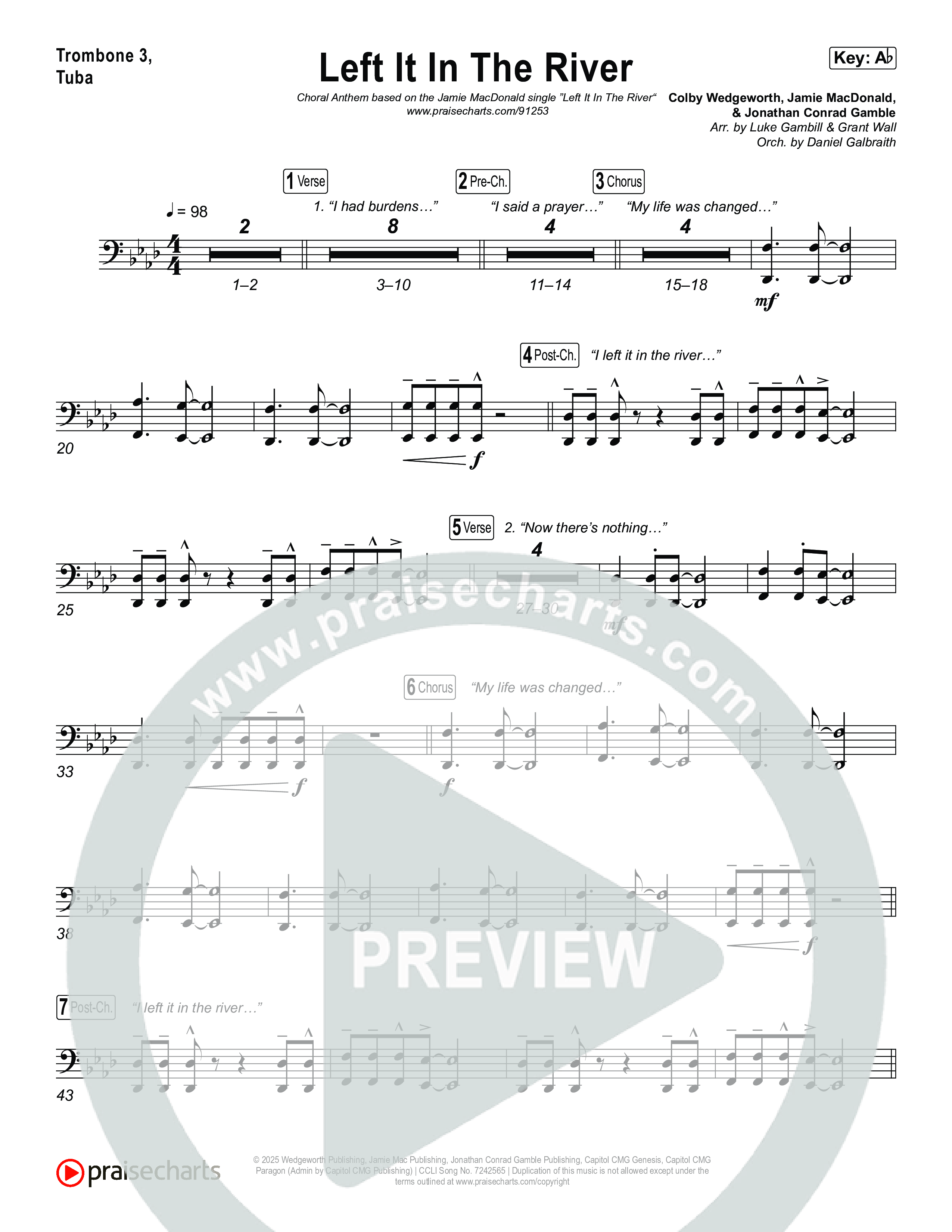 Left It In The River (Choral Anthem SATB) Trombone 3/Tuba (Jamie MacDonald / Arr. Luke Gambill)