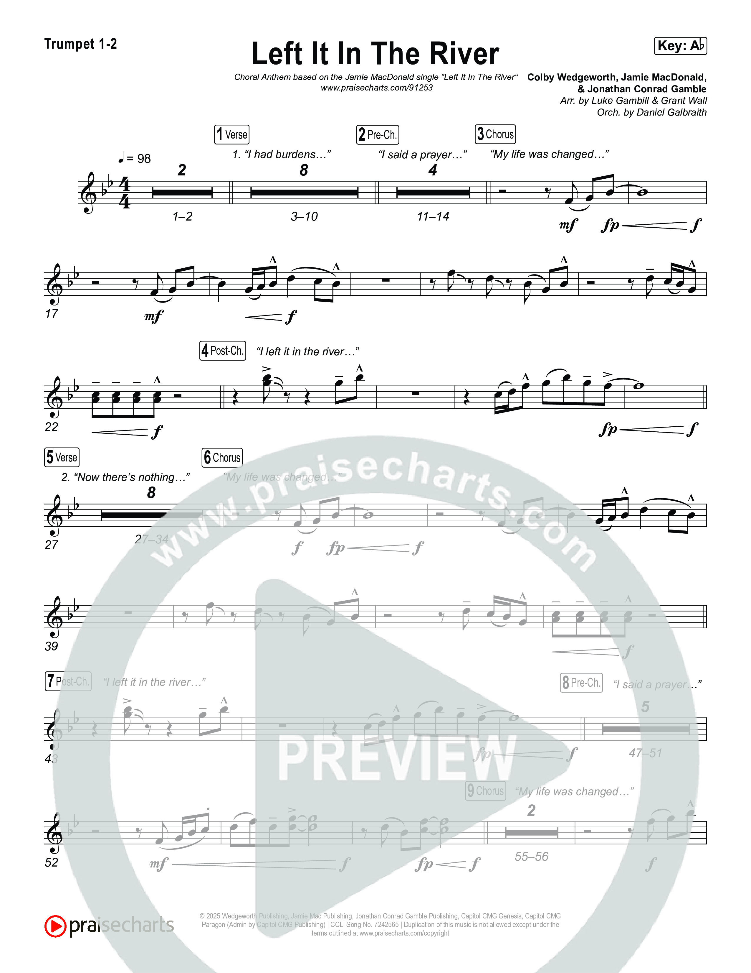 Left It In The River (Choral Anthem SATB) Trumpet 1,2 (Jamie MacDonald / Arr. Luke Gambill)