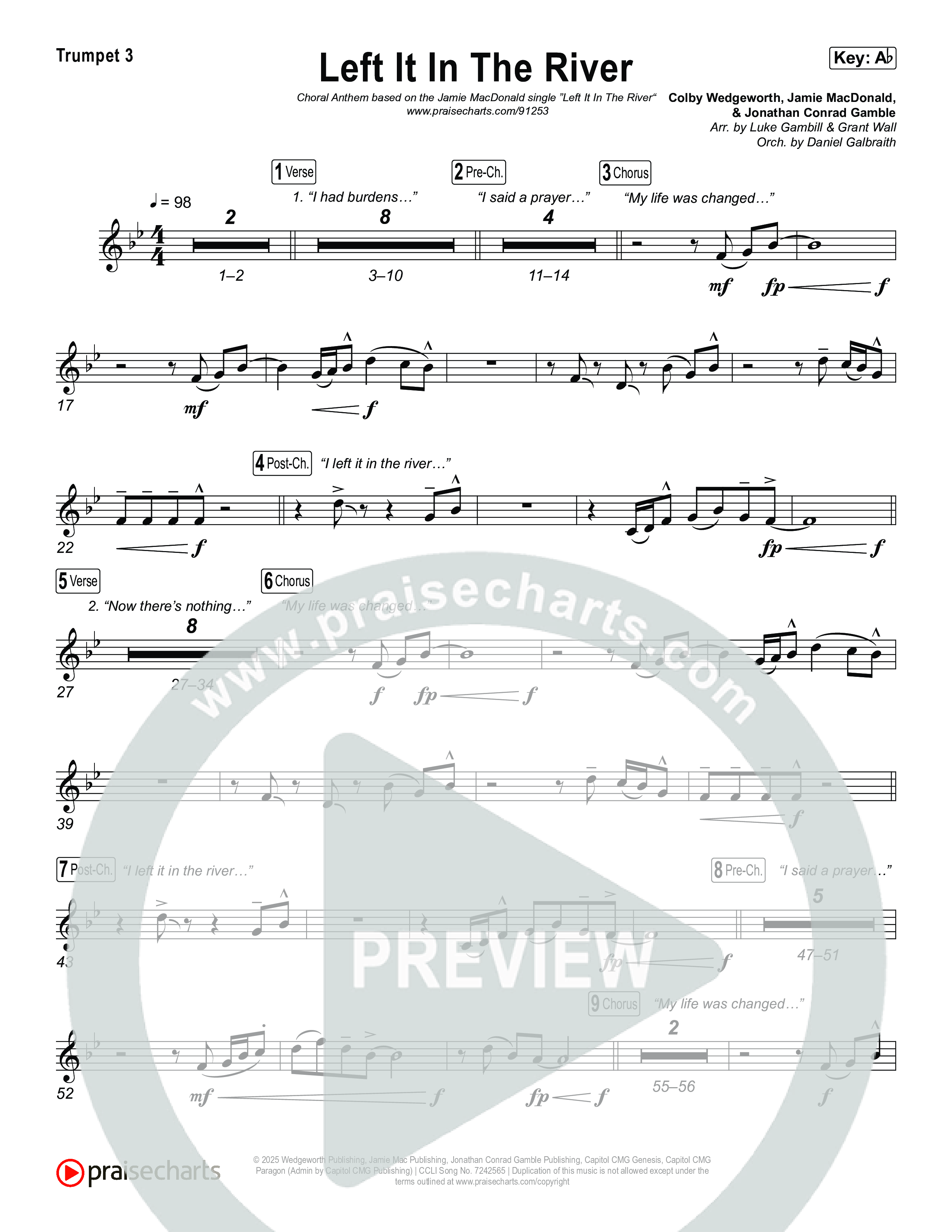 Left It In The River (Choral Anthem SATB) Trumpet 1,2 (Jamie MacDonald / Arr. Luke Gambill)