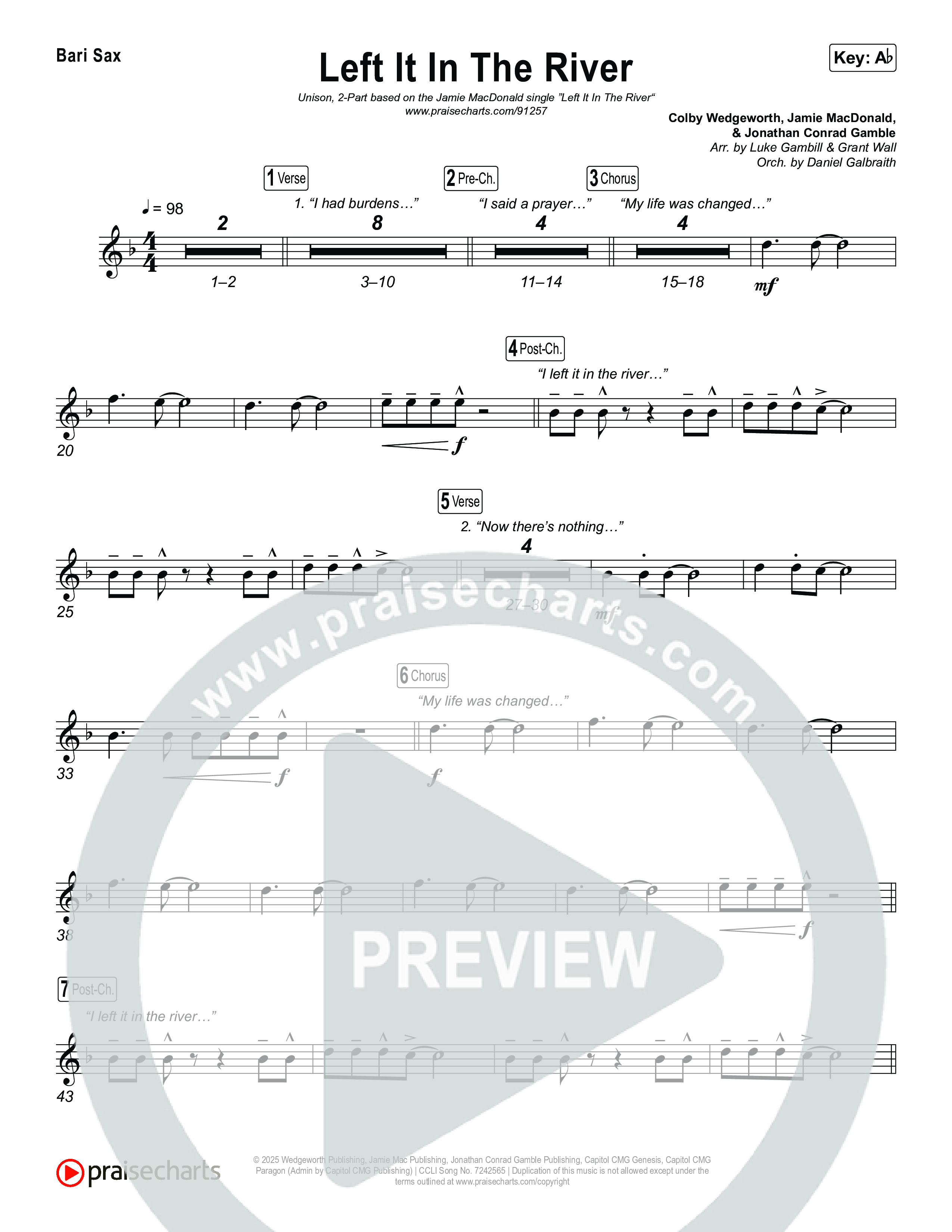 Left It In The River (Unison/2-Part) Bari Sax (Jamie MacDonald / Arr. Luke Gambill)