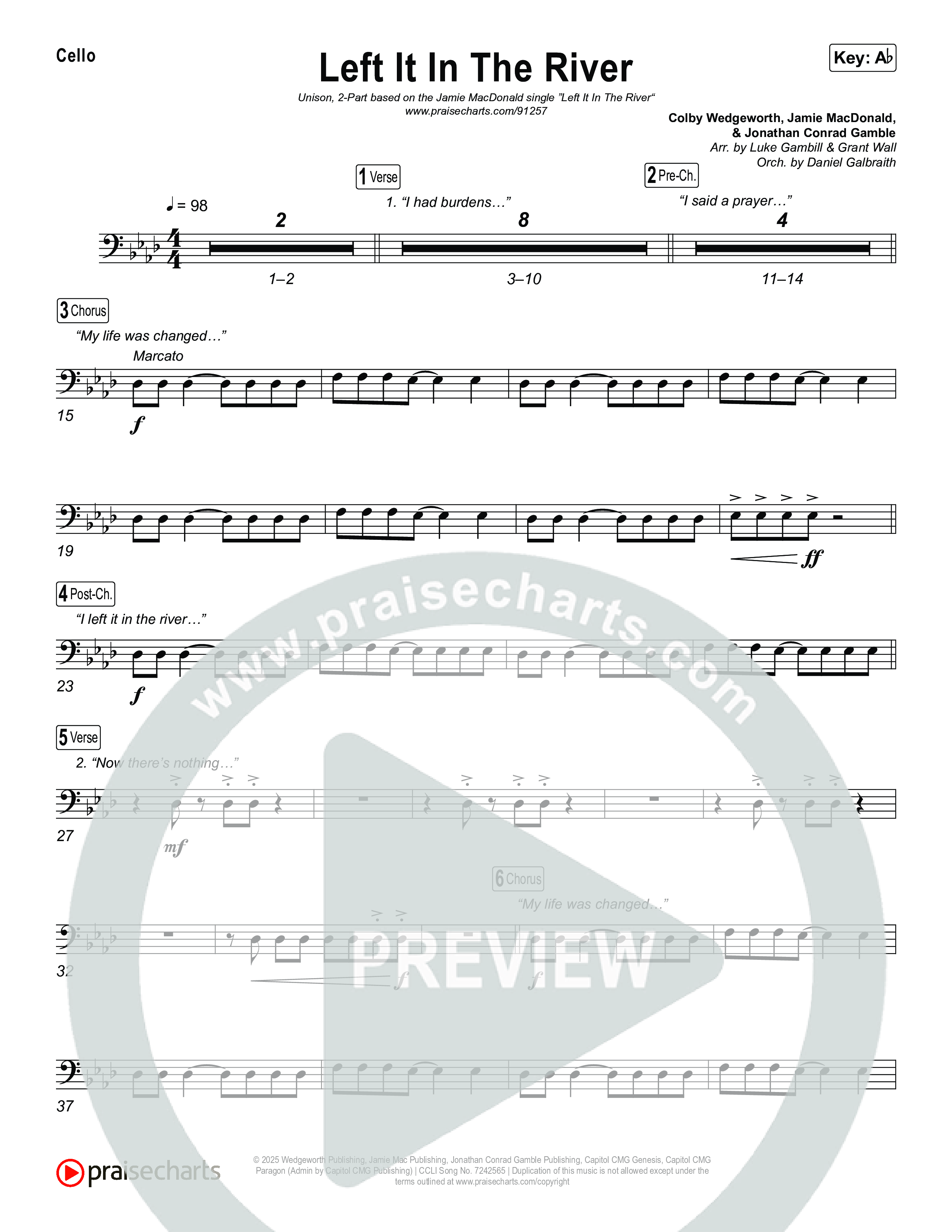 Left It In The River (Unison/2-Part) Cello (Jamie MacDonald / Arr. Luke Gambill)
