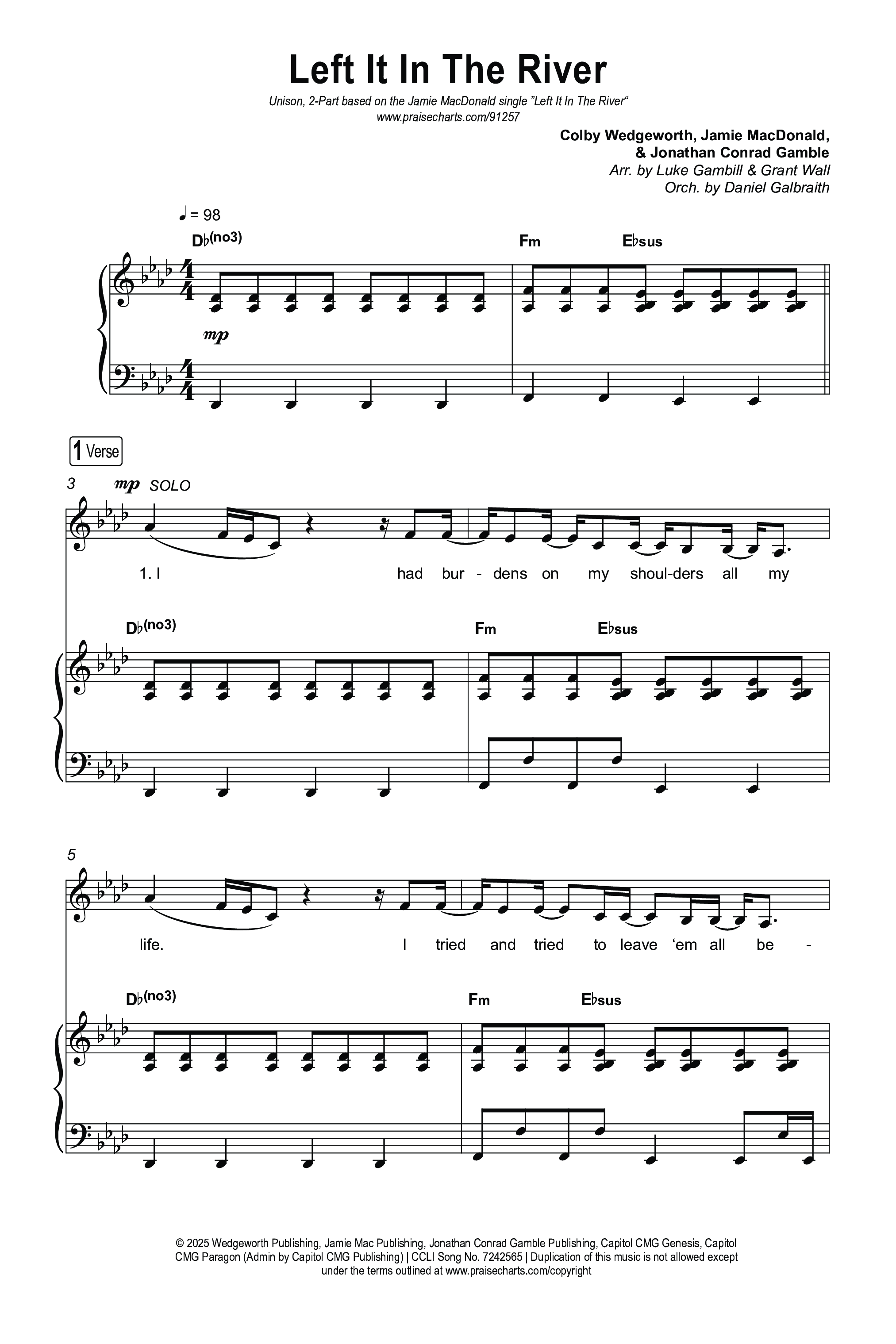 Left It In The River (Unison/2-Part) Octavo (Uni/2-Part & Pno) (Jamie MacDonald / Arr. Luke Gambill)