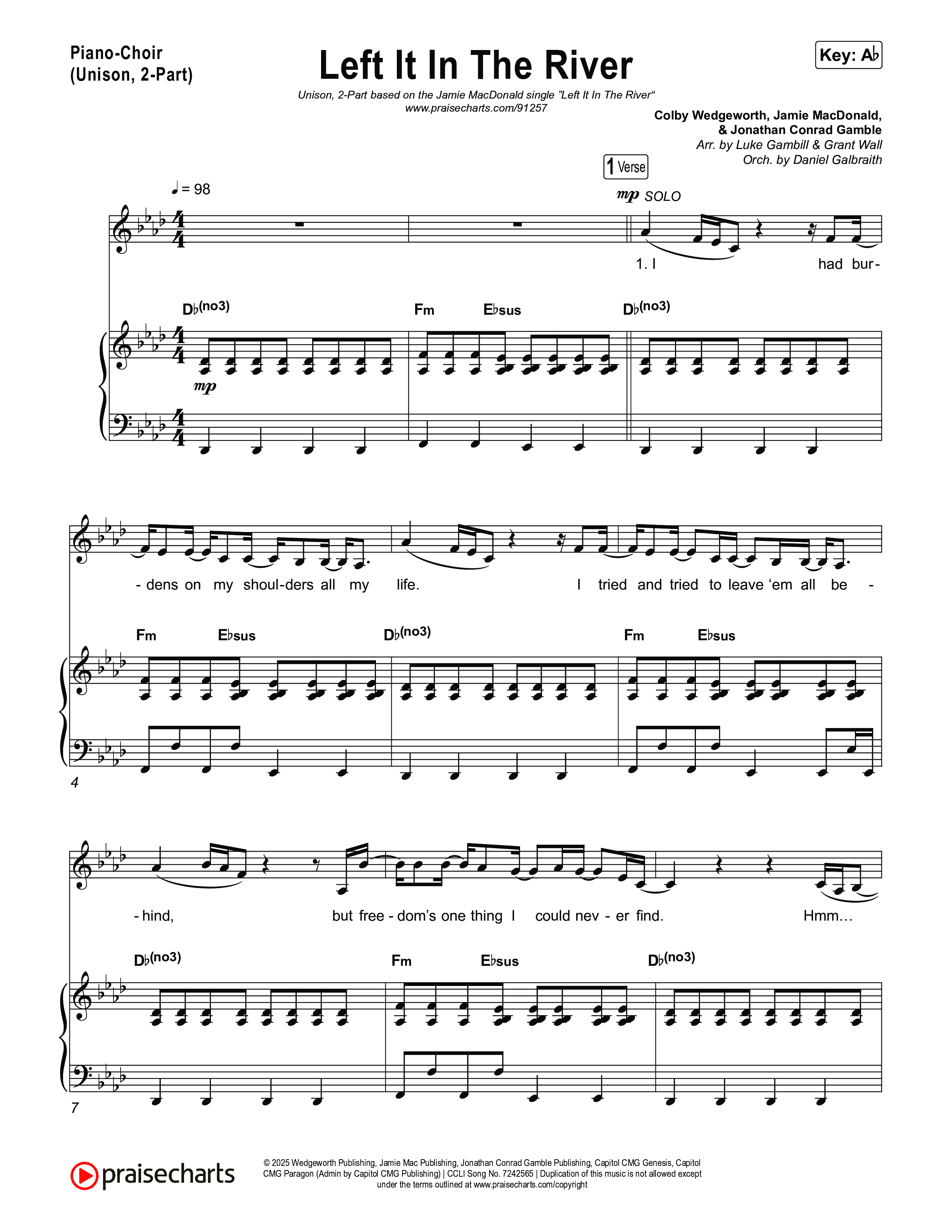 Left It In The River (Unison/2-Part) Piano/Choir (Uni/2-Part) (Jamie MacDonald / Arr. Luke Gambill)