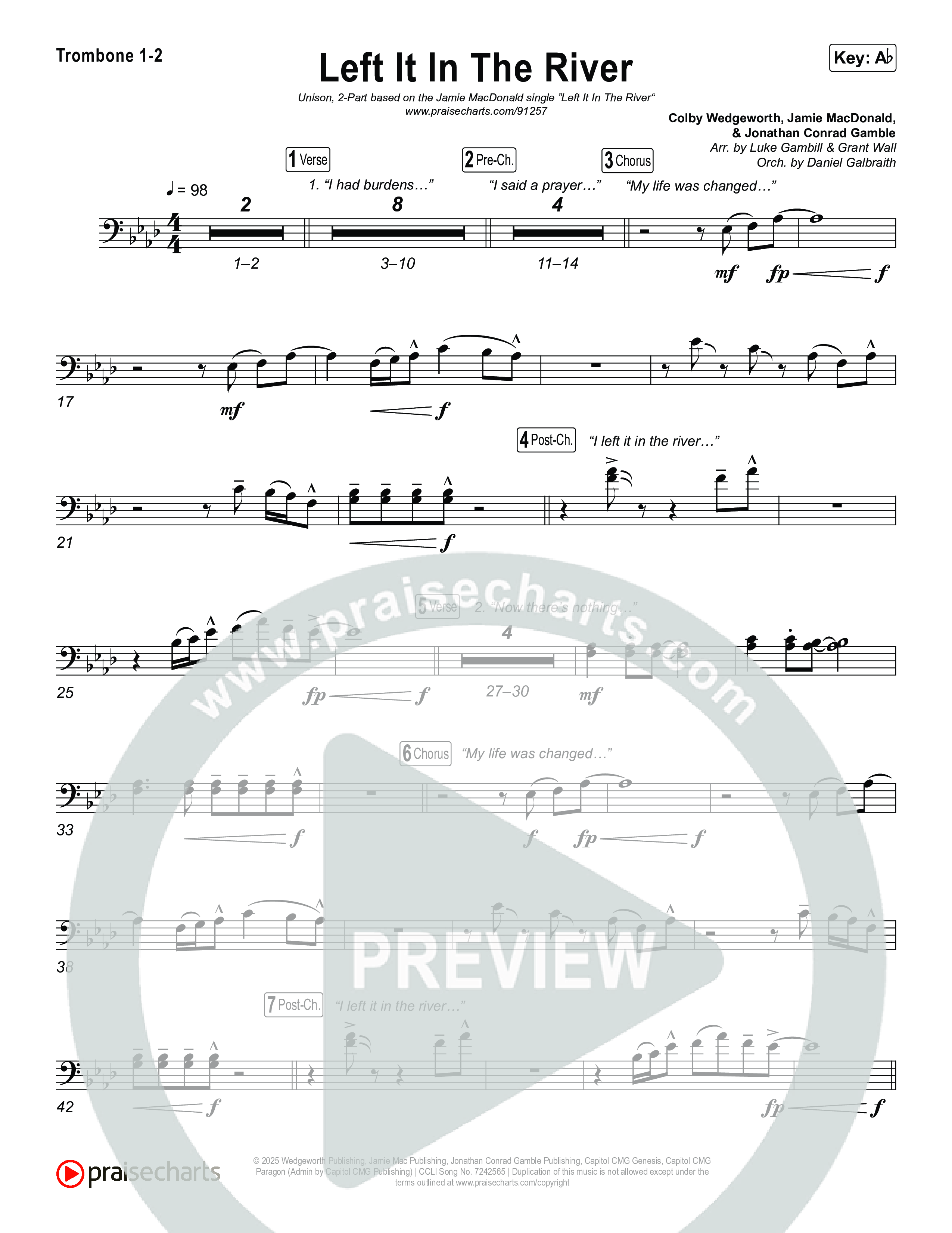 Left It In The River (Unison/2-Part) Trombone 1/2 (Jamie MacDonald / Arr. Luke Gambill)