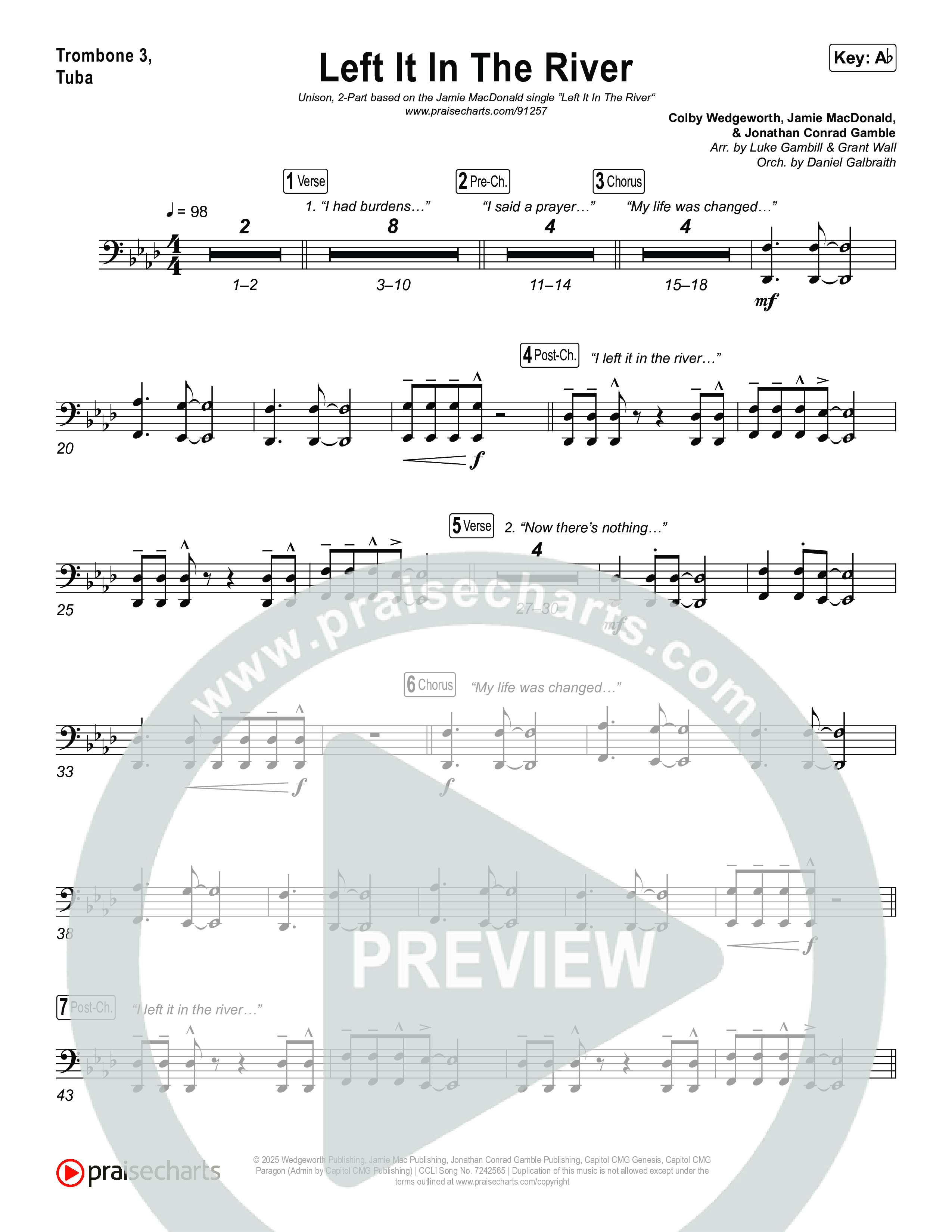Left It In The River (Unison/2-Part) Trombone 3/Tuba (Jamie MacDonald / Arr. Luke Gambill)