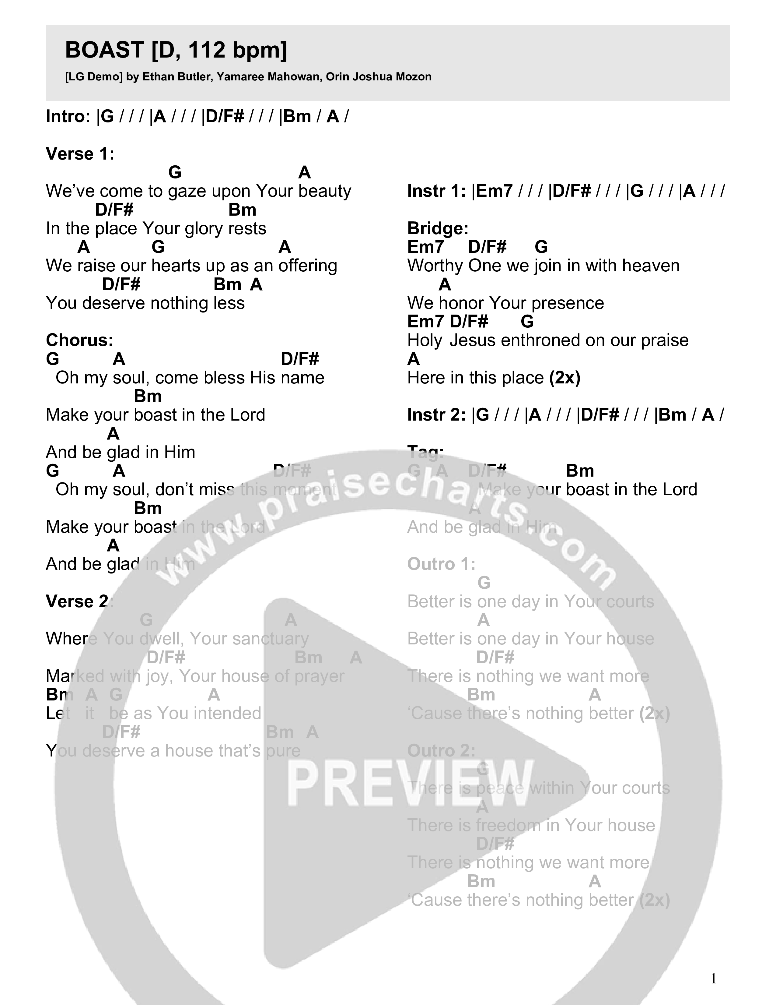 Boast (Live) Chord Chart (LIFEGATE Music / Ethan Butler / Hannah Alphonse)