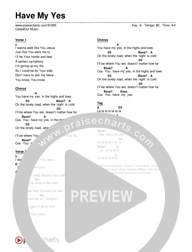 Have My Yes Chord Chart (CalledOut Music)