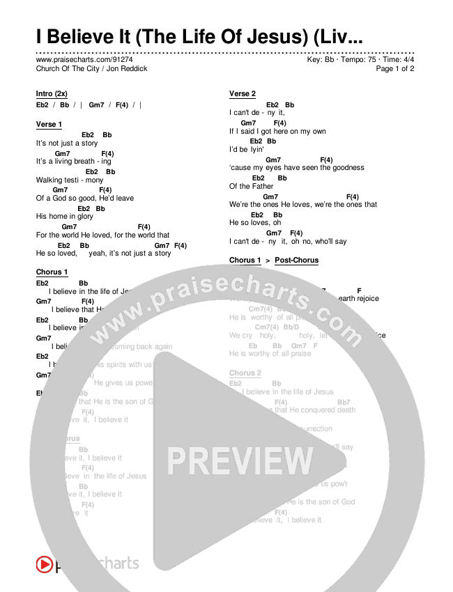 I Believe It (The Life Of Jesus) (Live) Chords & Lyrics (Church Of The City / Jon Reddick)