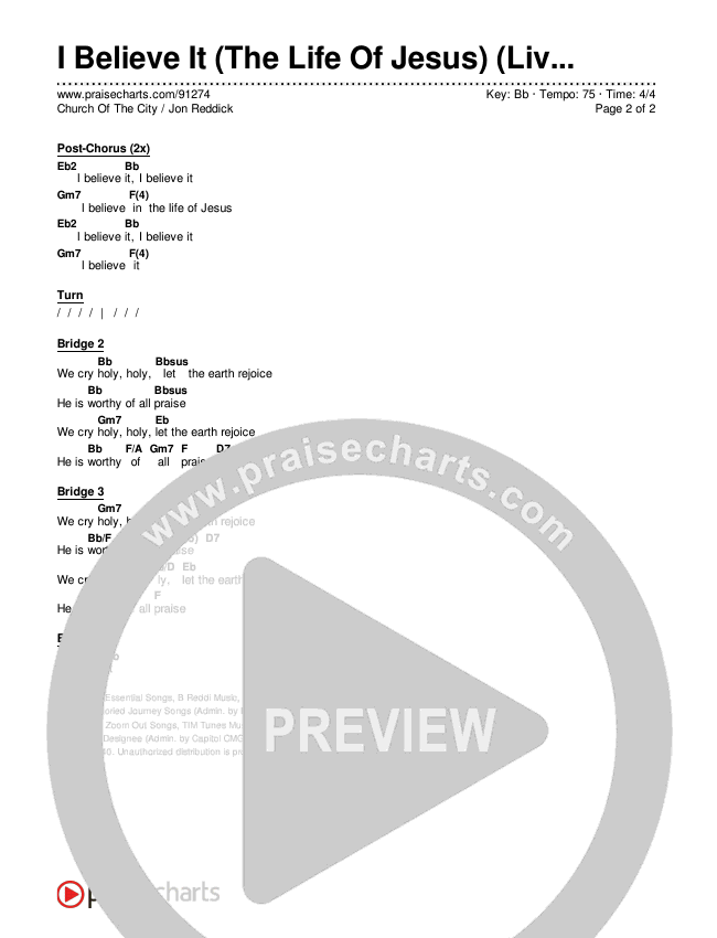 I Believe It (The Life Of Jesus) (Live) Chords & Lyrics (Church Of The City / Jon Reddick)