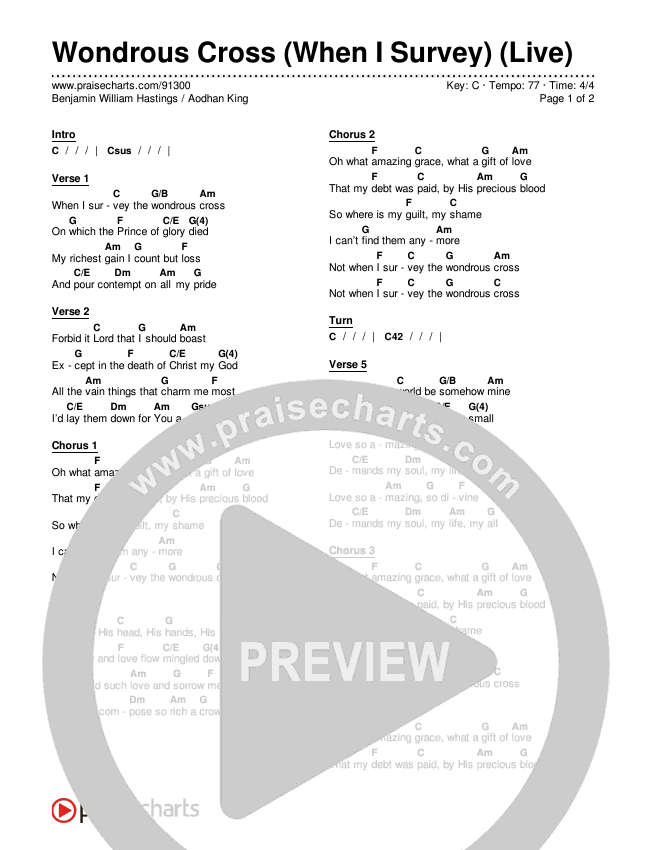 Wondrous Cross (When I Survey) (Live) Chords & Lyrics (Aodhan King / Benjamin William Hastings)