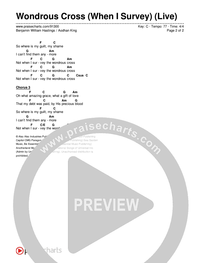 Wondrous Cross (When I Survey) (Live) Chords & Lyrics (Aodhan King / Benjamin William Hastings)
