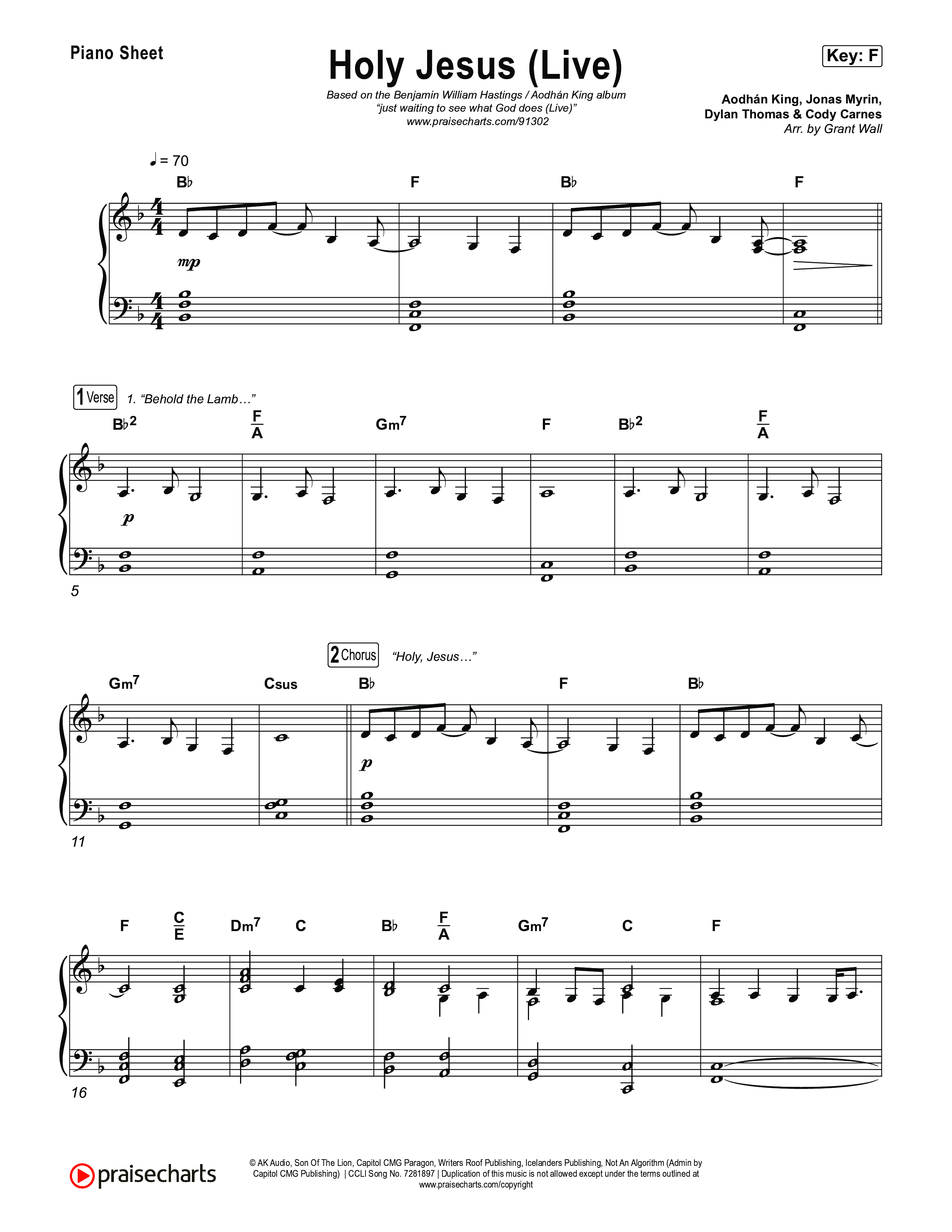 Holy Jesus (Live) Piano Sheet (Aodhan King / Benjamin William Hastings / Kari Jobe)