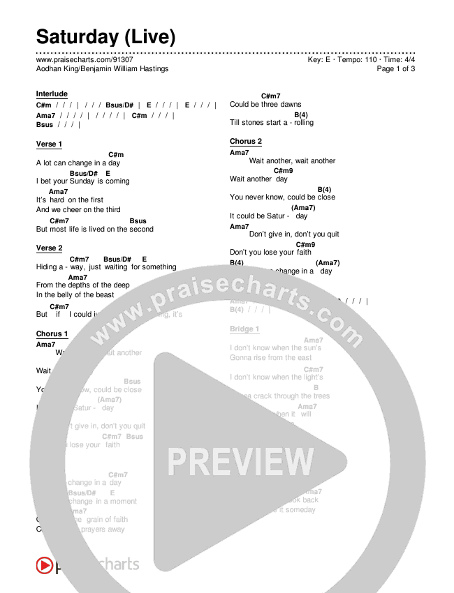 Saturday (Live) Chords & Lyrics (Aodhan King / Benjamin William Hastings)