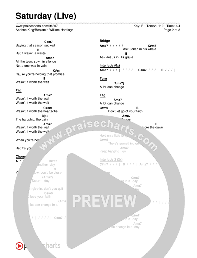 Saturday (Live) Chords & Lyrics (Aodhan King / Benjamin William Hastings)