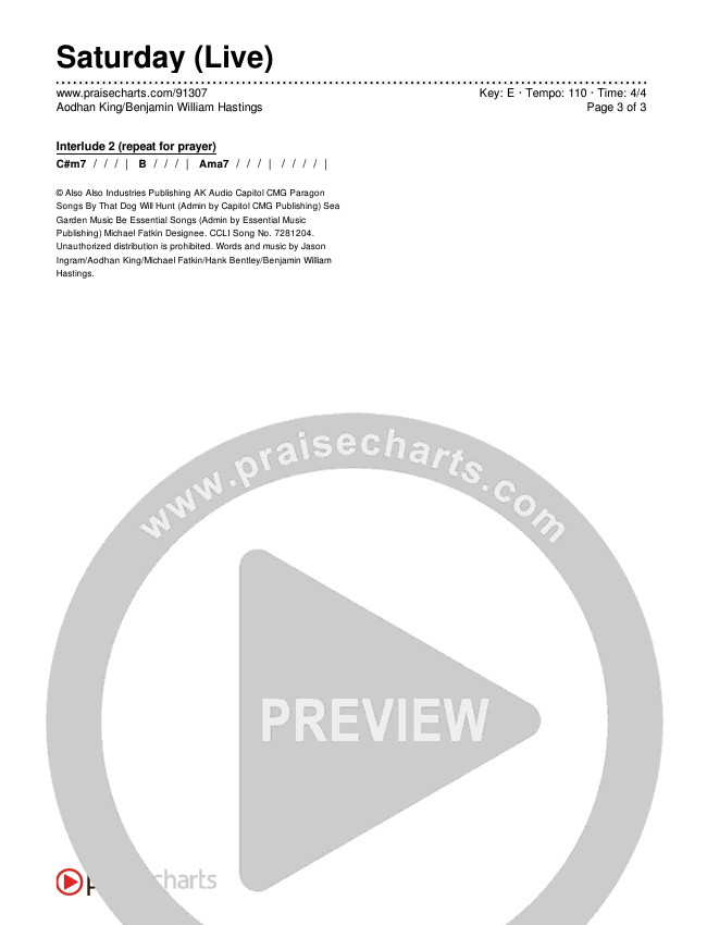 Saturday (Live) Chords & Lyrics (Aodhan King / Benjamin William Hastings)