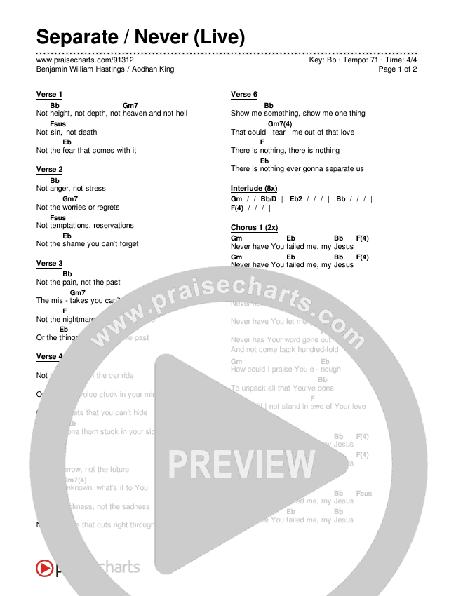 Separate / Never (Live) Chords & Lyrics (Aodhan King / Benjamin William Hastings)