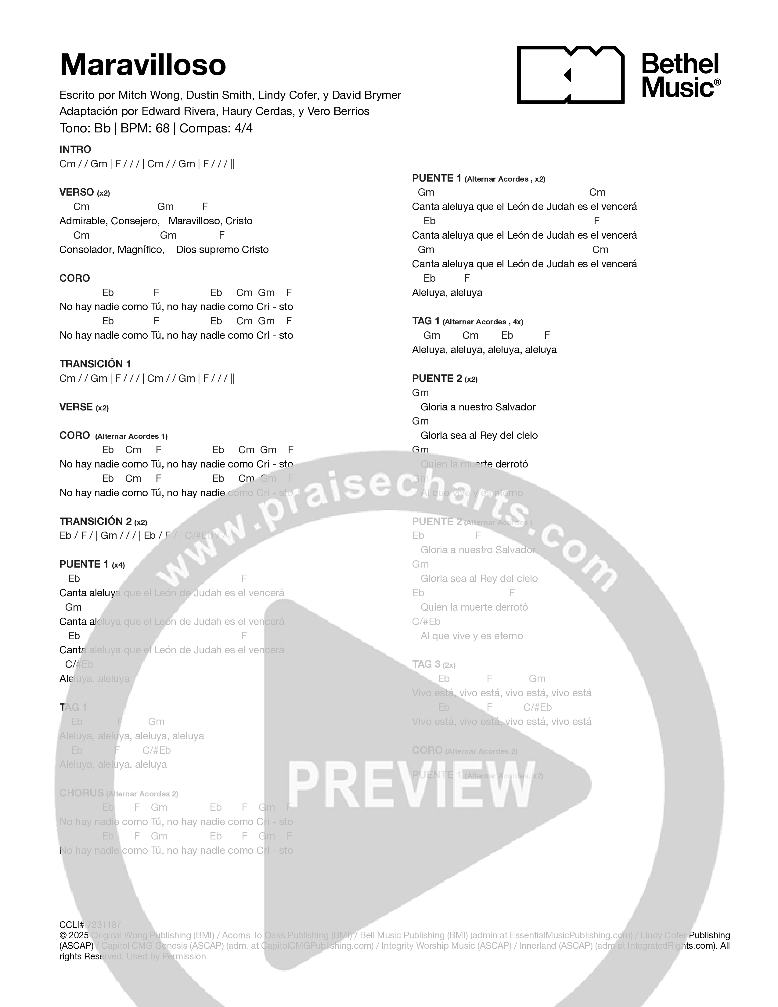 Maravilloso (Marvelous) Chord Chart (Bethel Music)