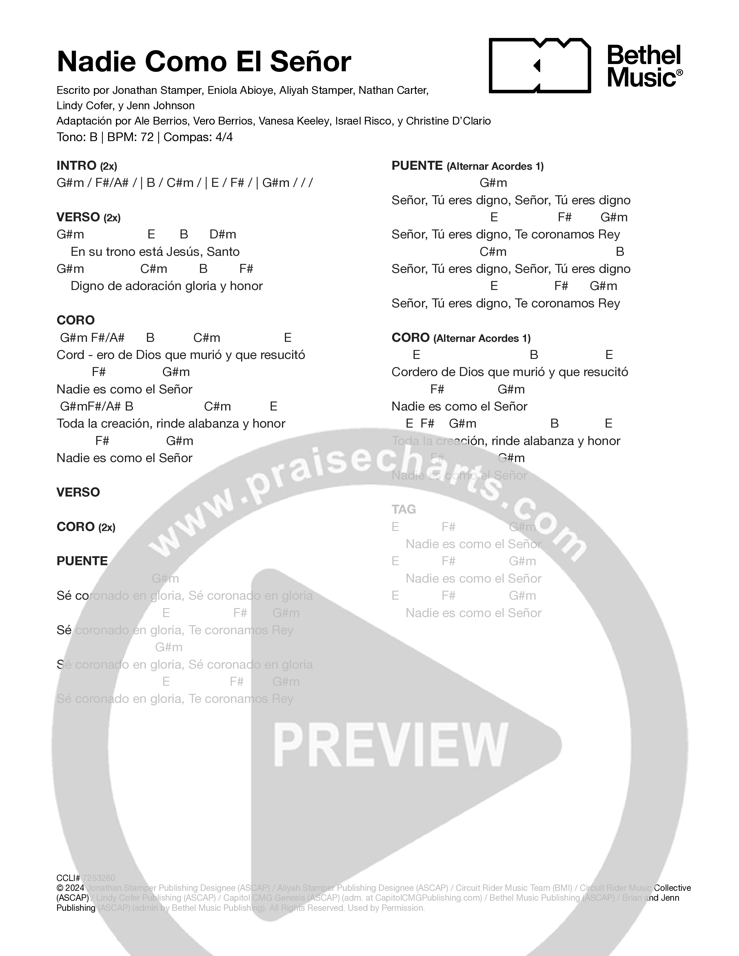 Nadie Como El Señor (No One Like The Lord) Chord Chart (Bethel Music)