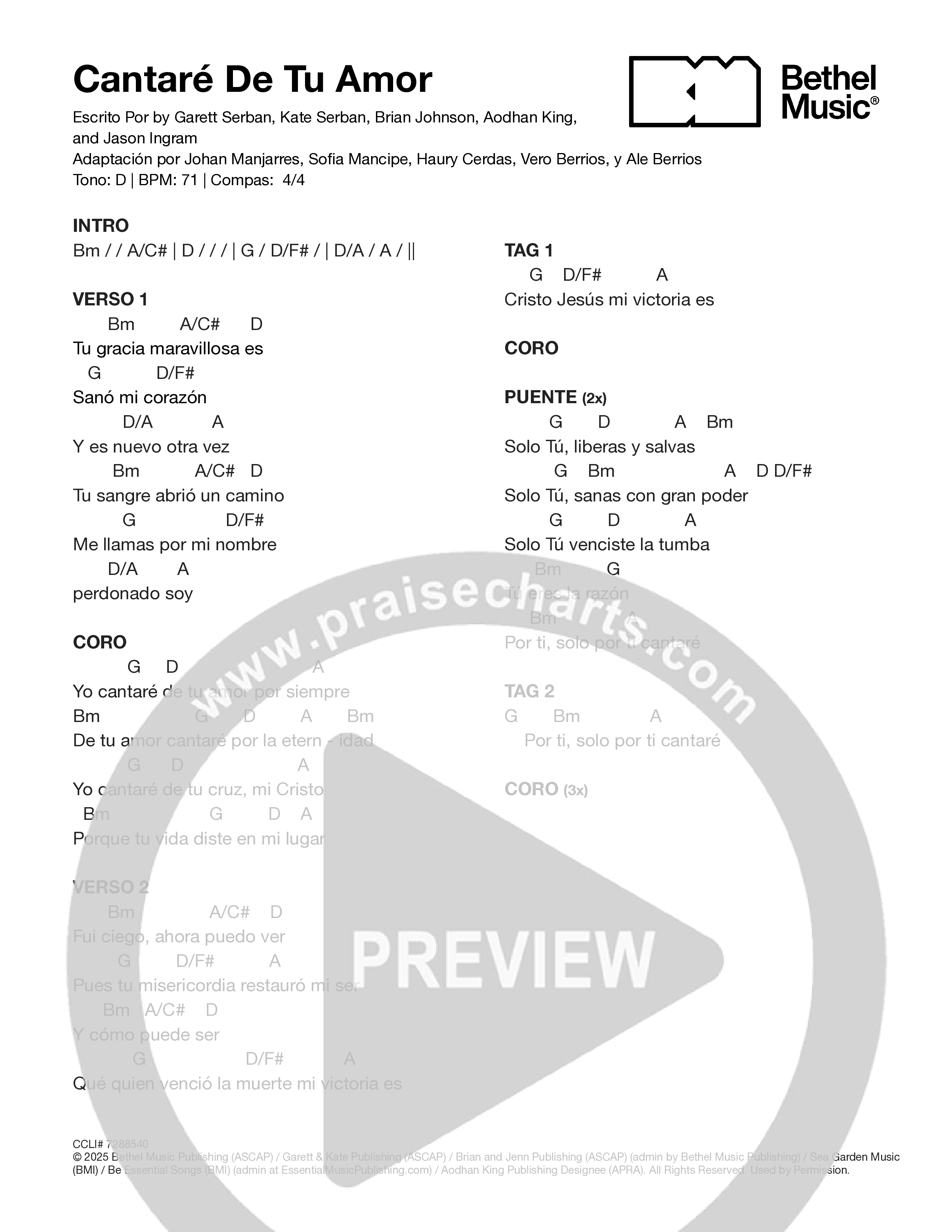 Cantaré De Tu Amor (Sing Of Your Love) Chord Chart (Bethel Music)