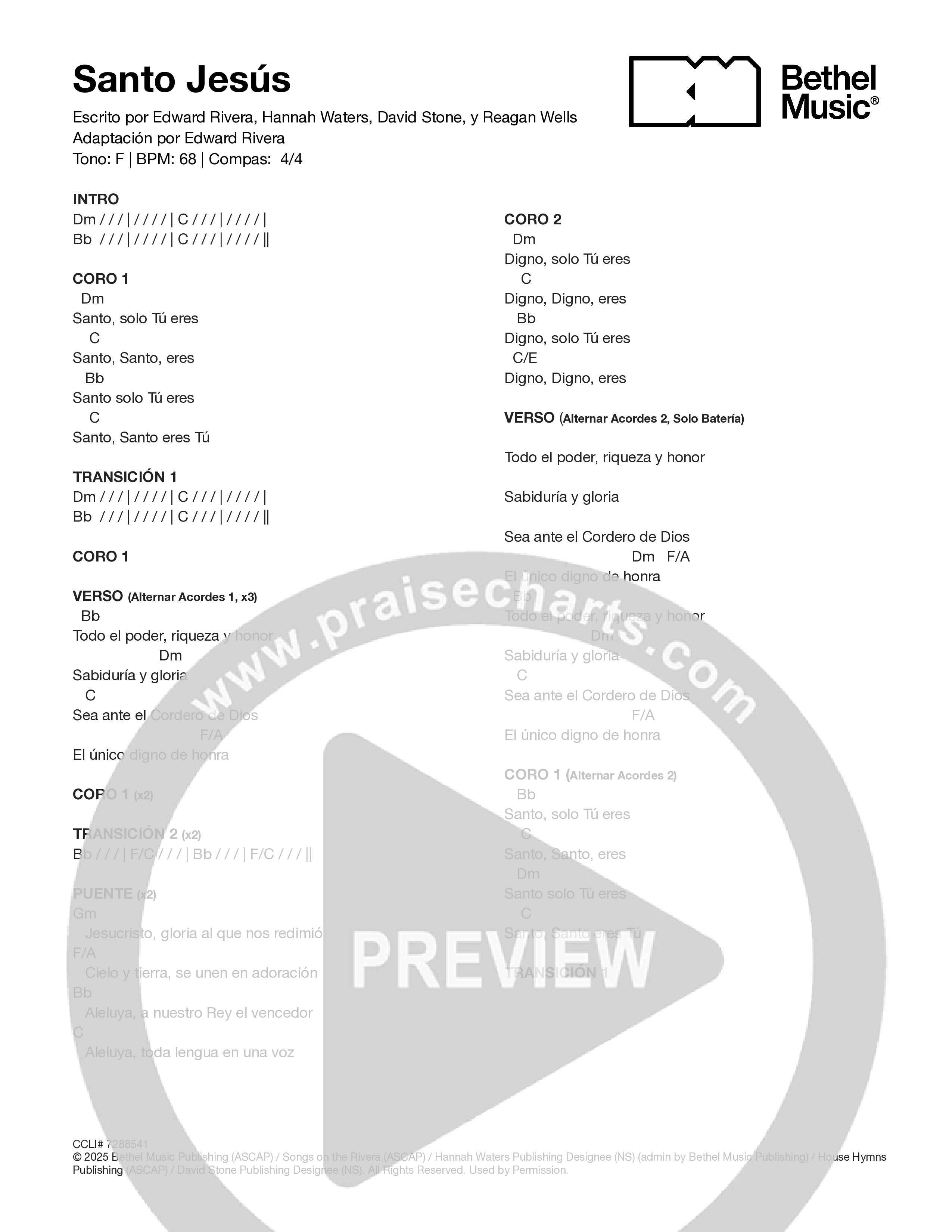 Santo Jesús (Holy Jesus) Chord Chart (Bethel Music)