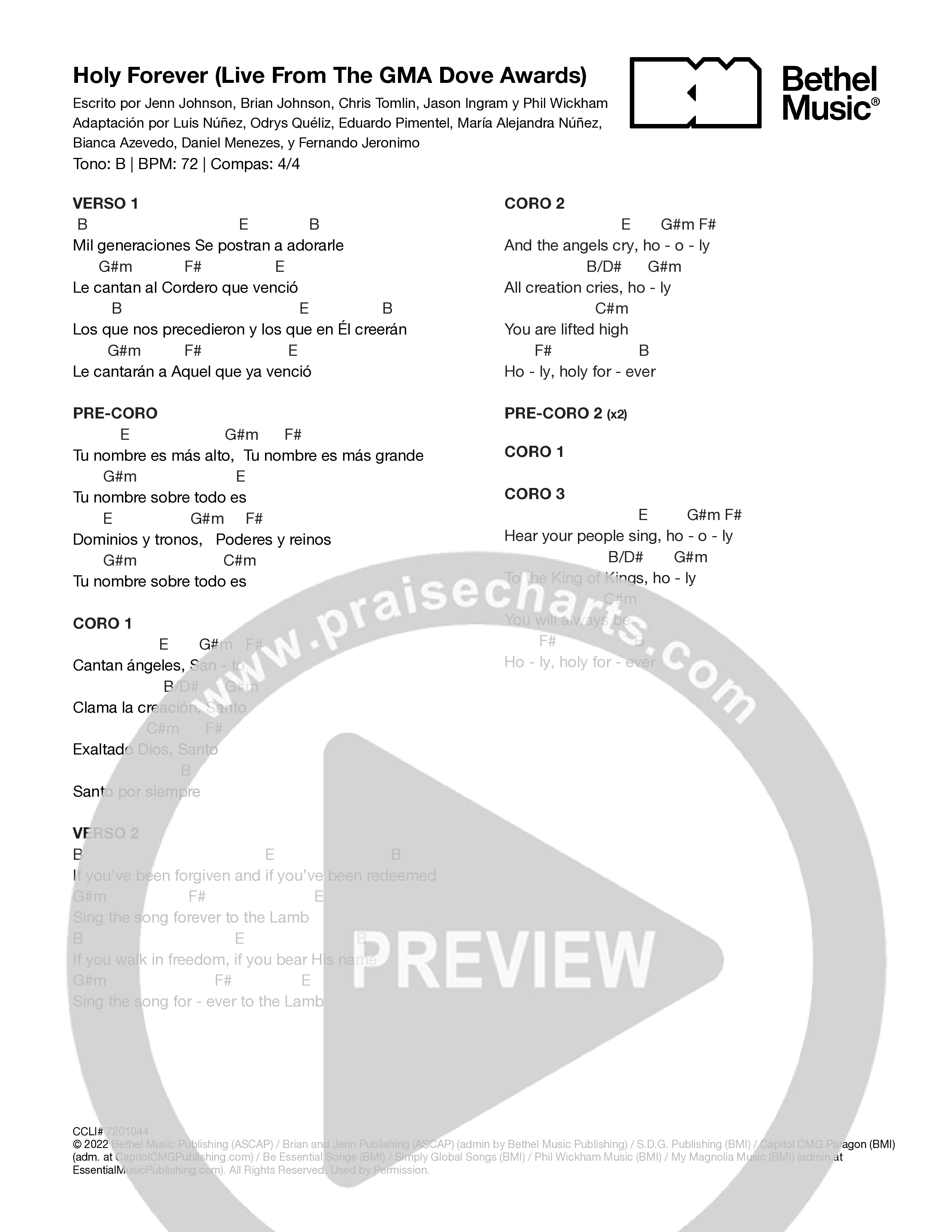 Holy Forever (Live from The GMA Dove Awards) Chord Chart (Bethel Music)