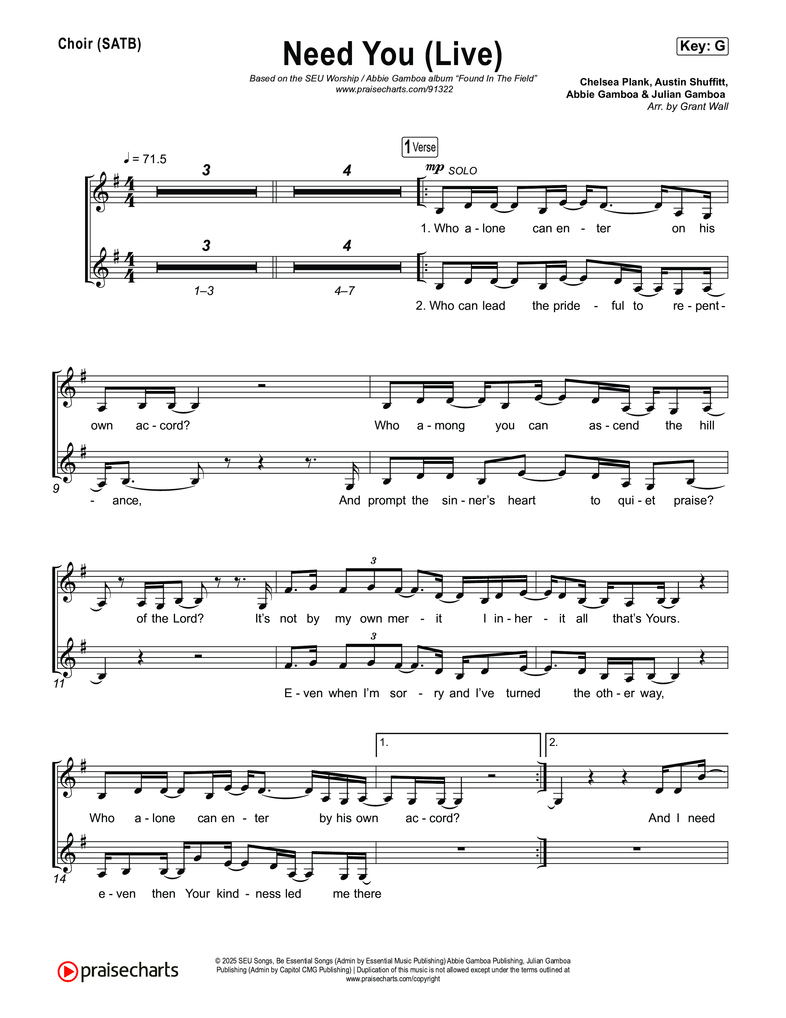 Need You (Live) Choir Sheet (SATB) (SEU Worship / Abbie Gamboa)