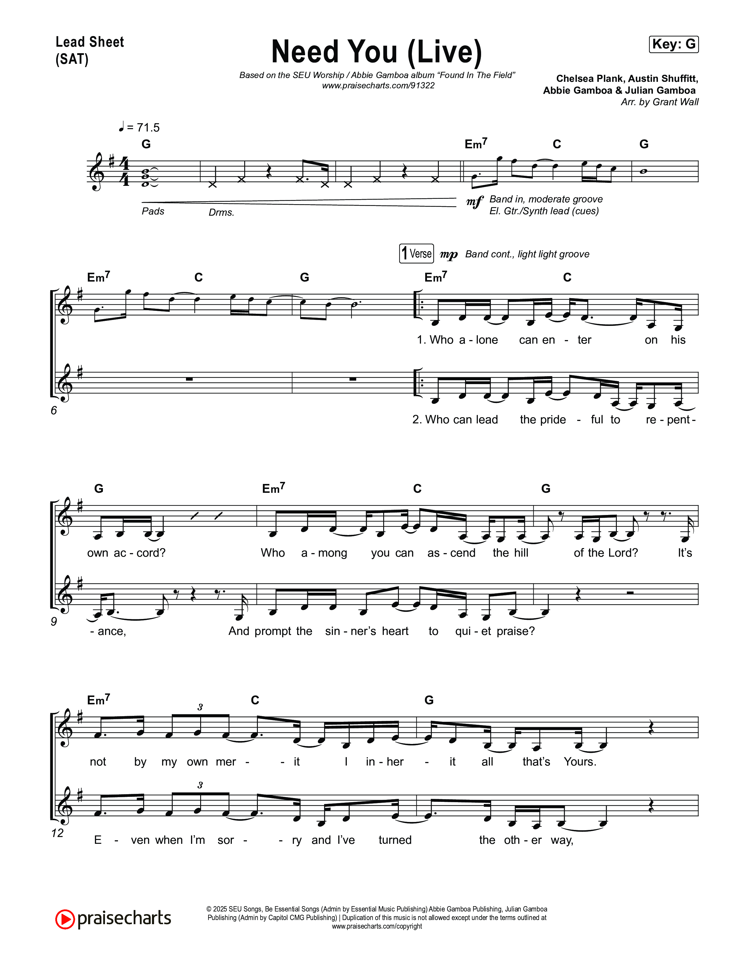 Need You (Live) Lead Sheet (SAT) (SEU Worship / Abbie Gamboa)