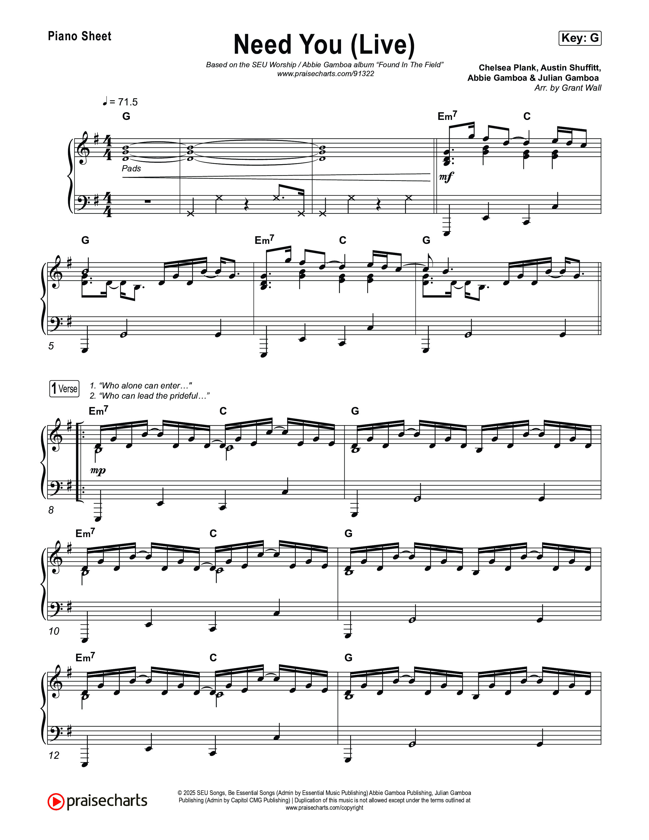 Need You (Live) Piano Sheet (SEU Worship / Abbie Gamboa)