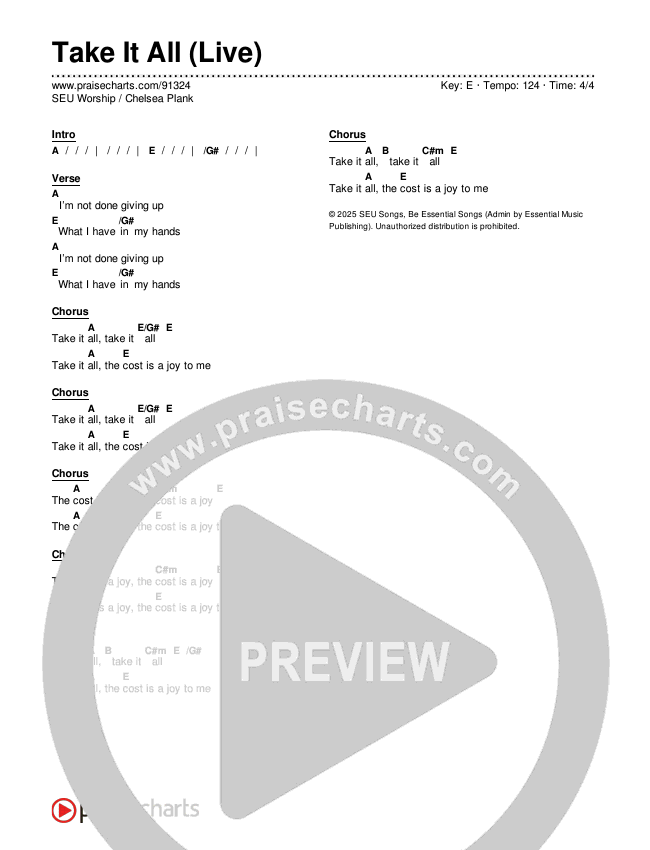 Take It All (Live) Chords & Lyrics (SEU Worship / Chelsea Plank)