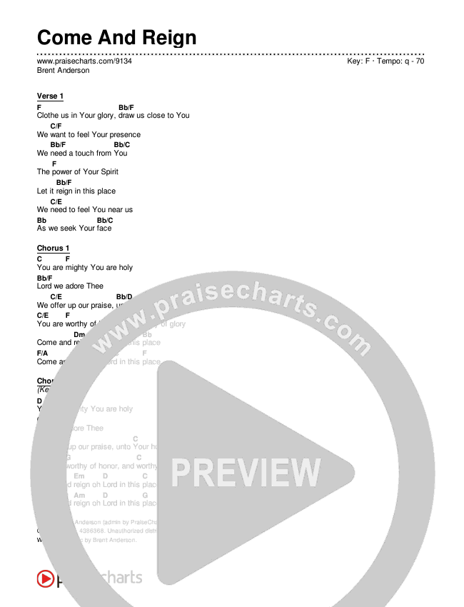 Come And Reign Chords & Lyrics (Brent Anderson)
