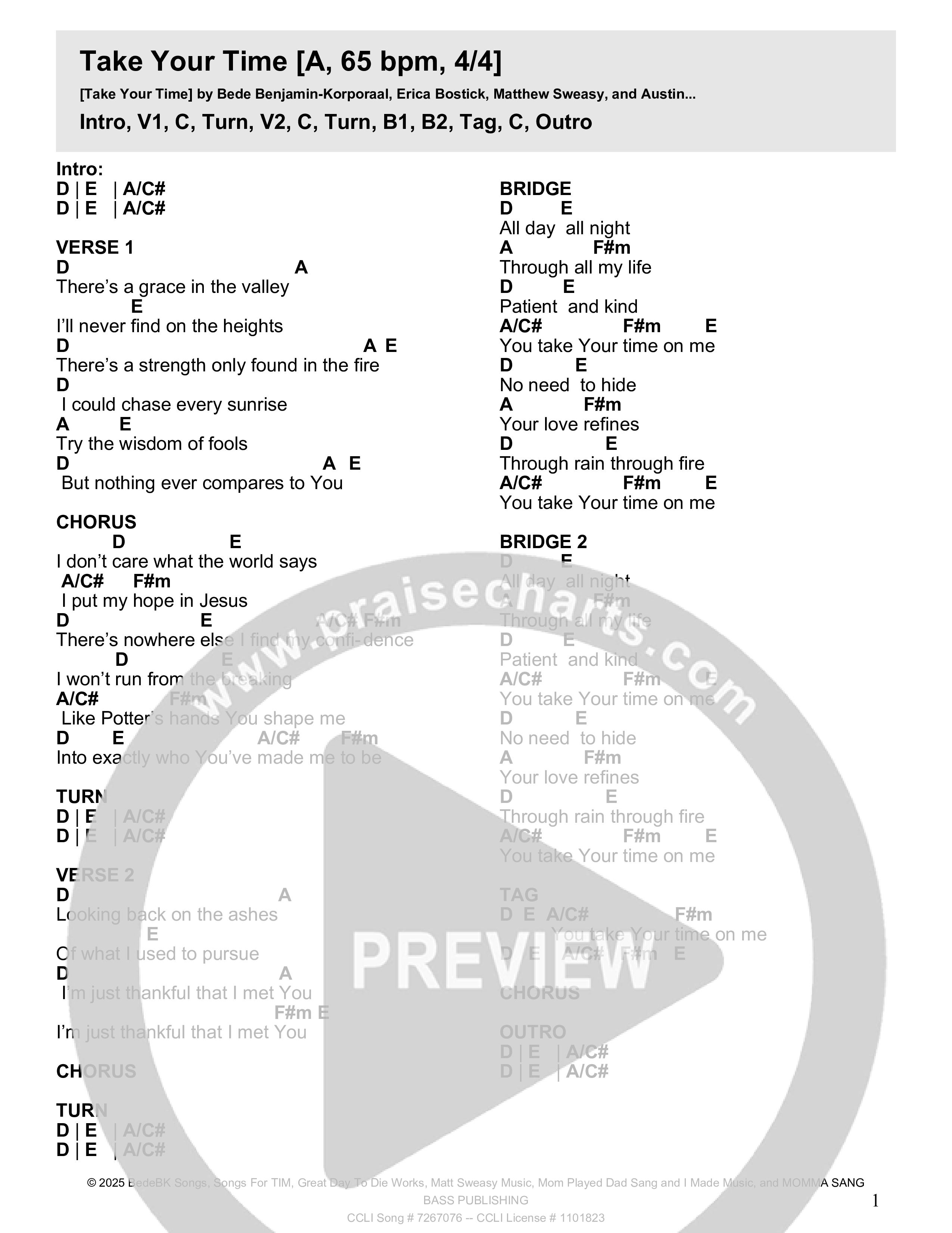 Take Your Time Chord Chart (Crossroads Music)
