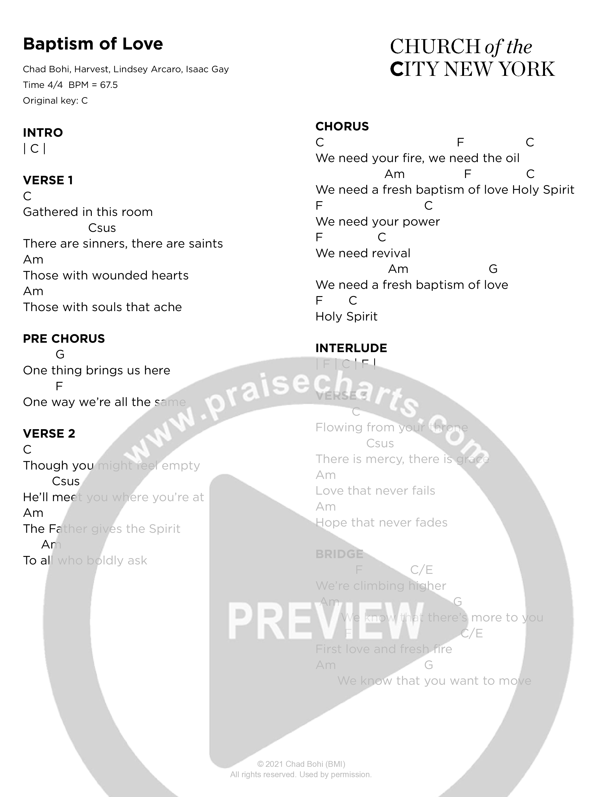 Baptism of Love (Live) Chord Chart (Church of the City New York)