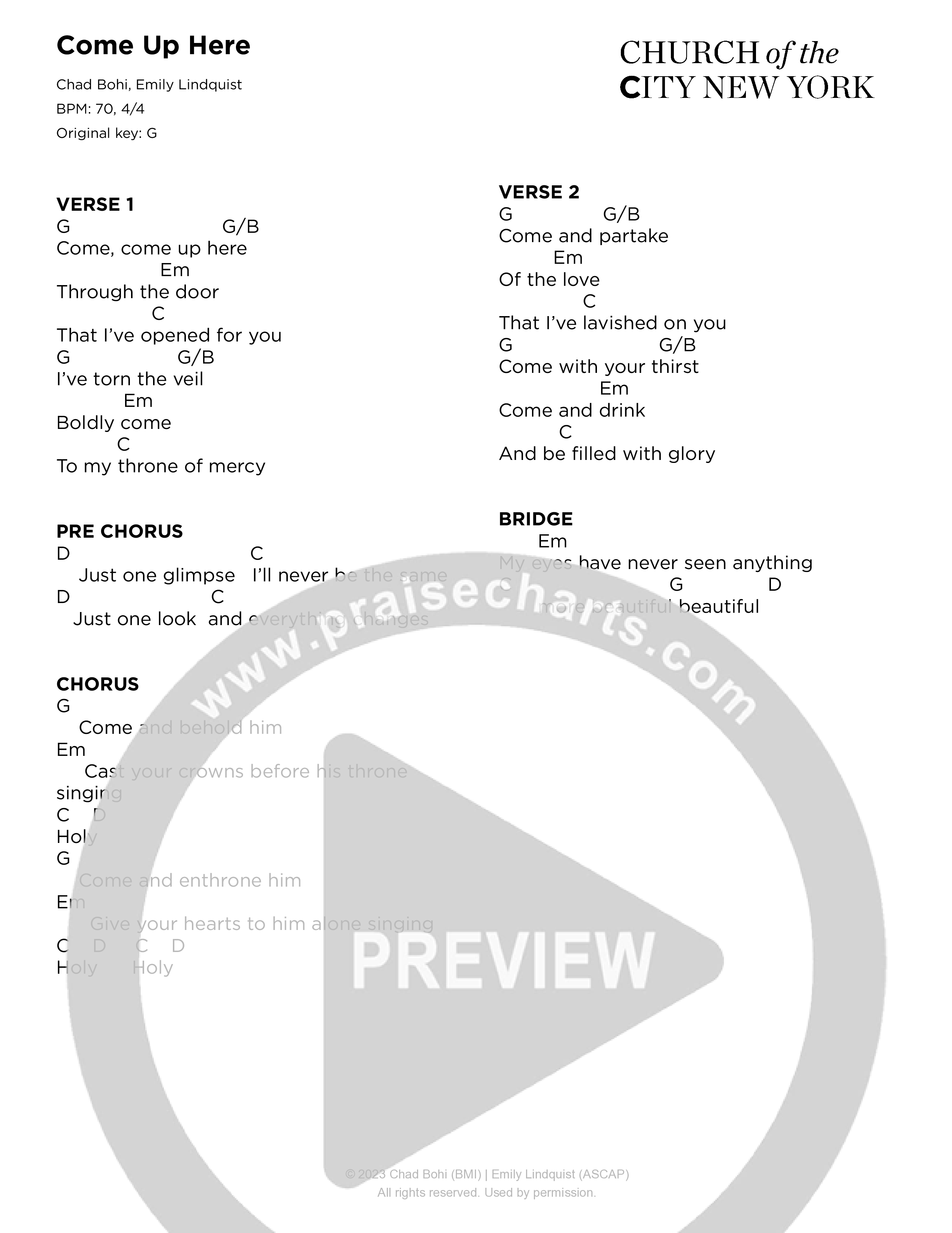 Come Up Here (Live) Chord Chart (Church of the City New York)