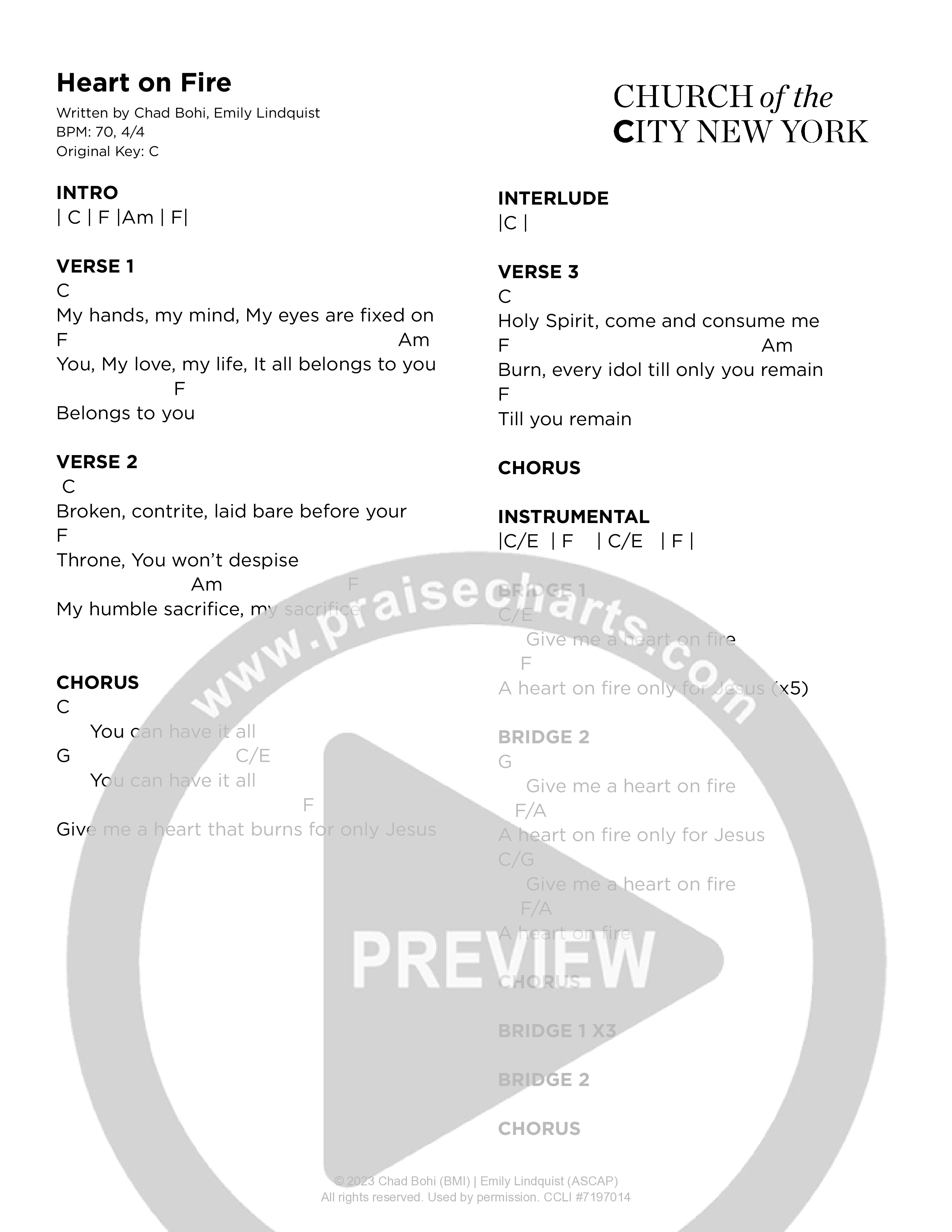 Heart on Fire (Live) Chord Chart (Church of the City New York)