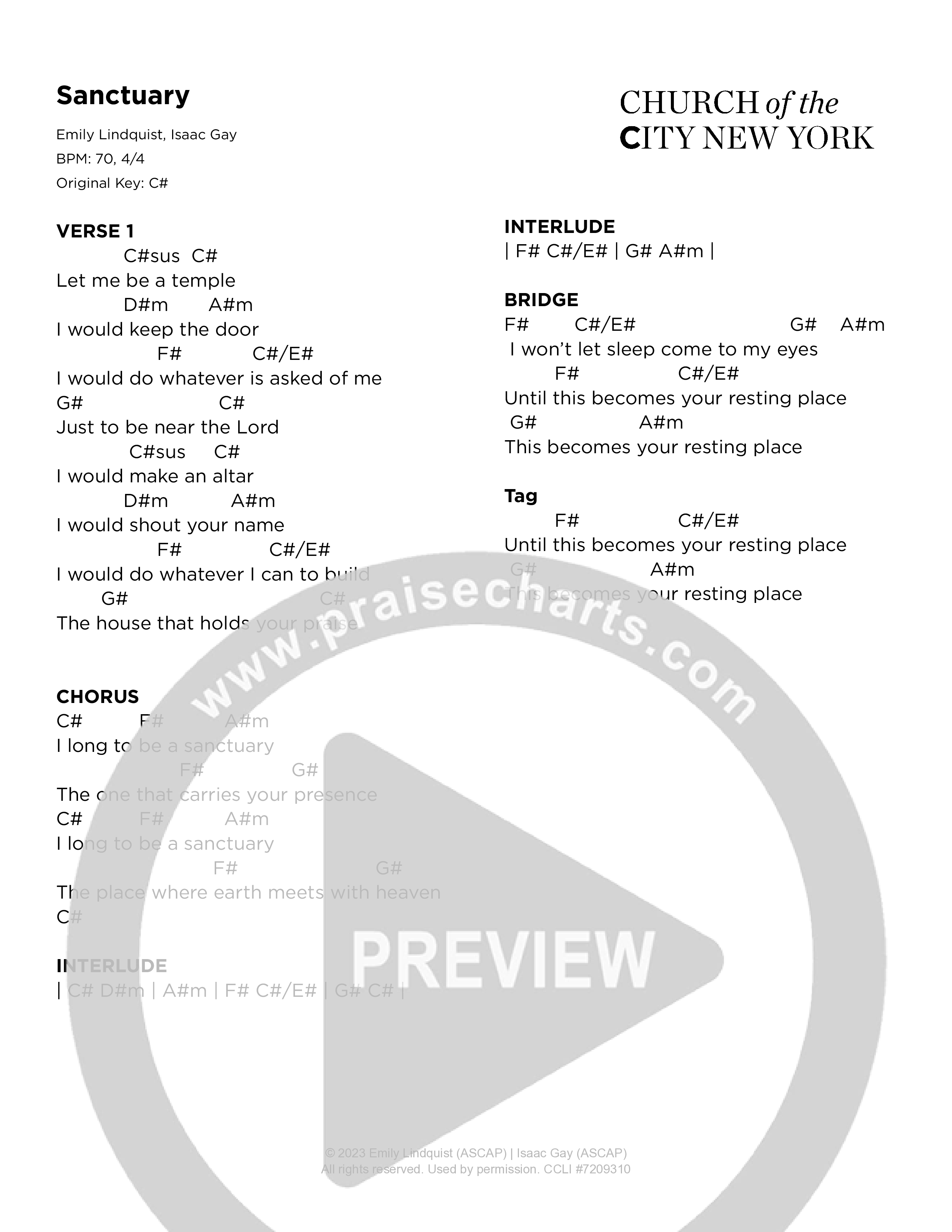 Sanctuary (Live) Chord Chart (Church of the City New York)