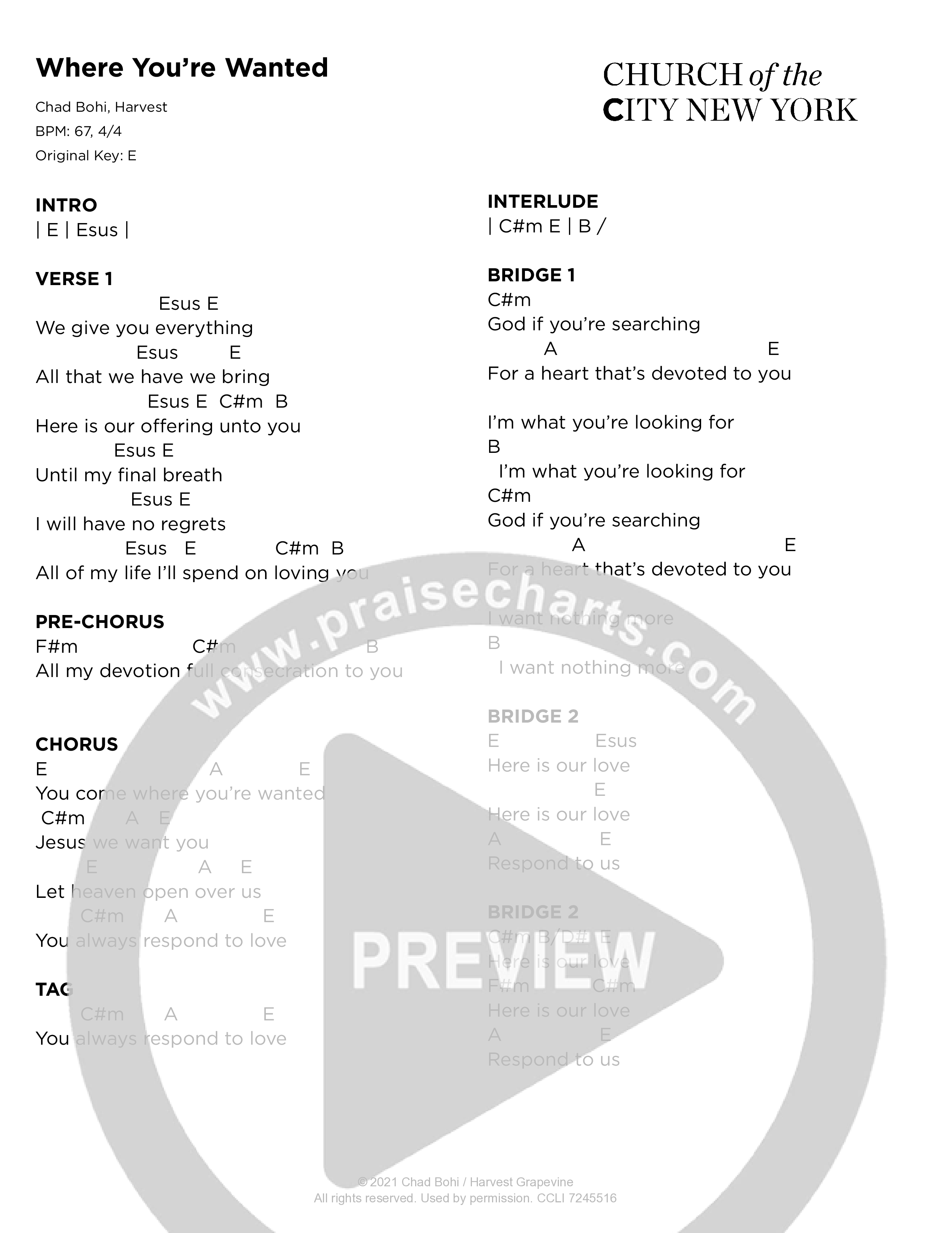 Where You’re Wanted (Live) Chord Chart (Church of the City New York)
